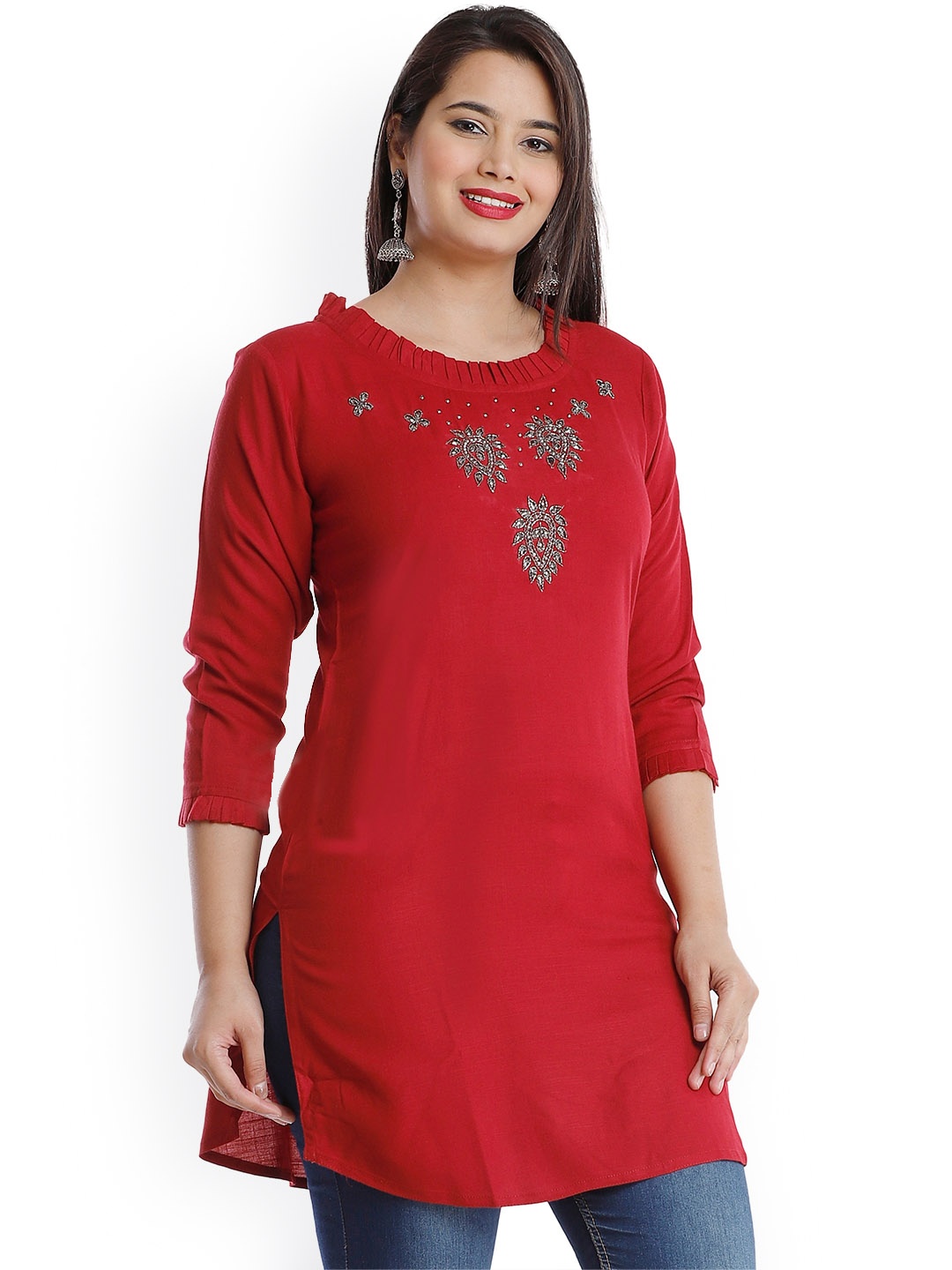 

HIGHLIGHT FASHION EXPORT Round Neck Stones & Beads A-Line Kurti, Red