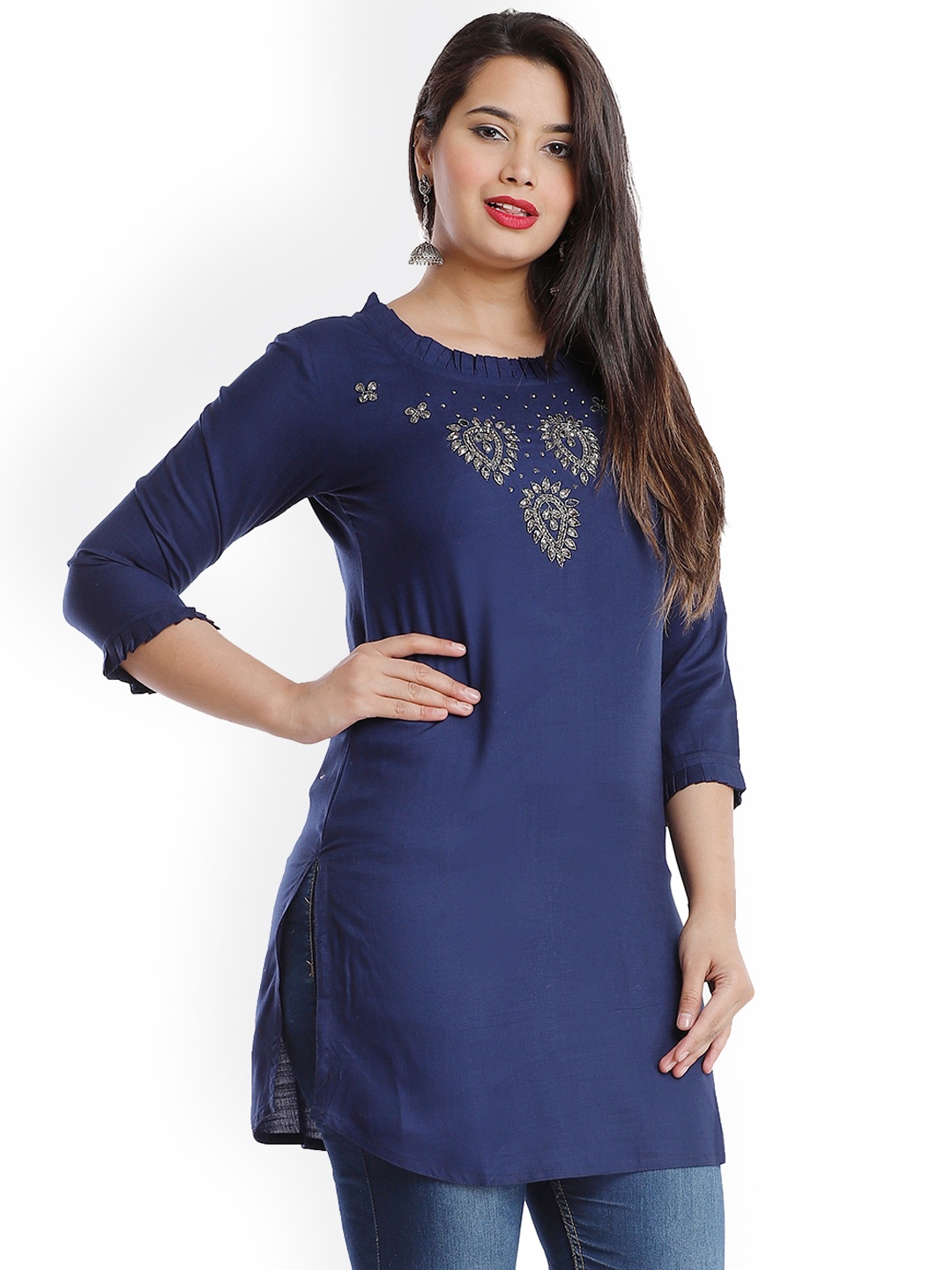 

HIGHLIGHT FASHION EXPORT Round Neck Stones & Beads A-Line Kurti, Navy blue