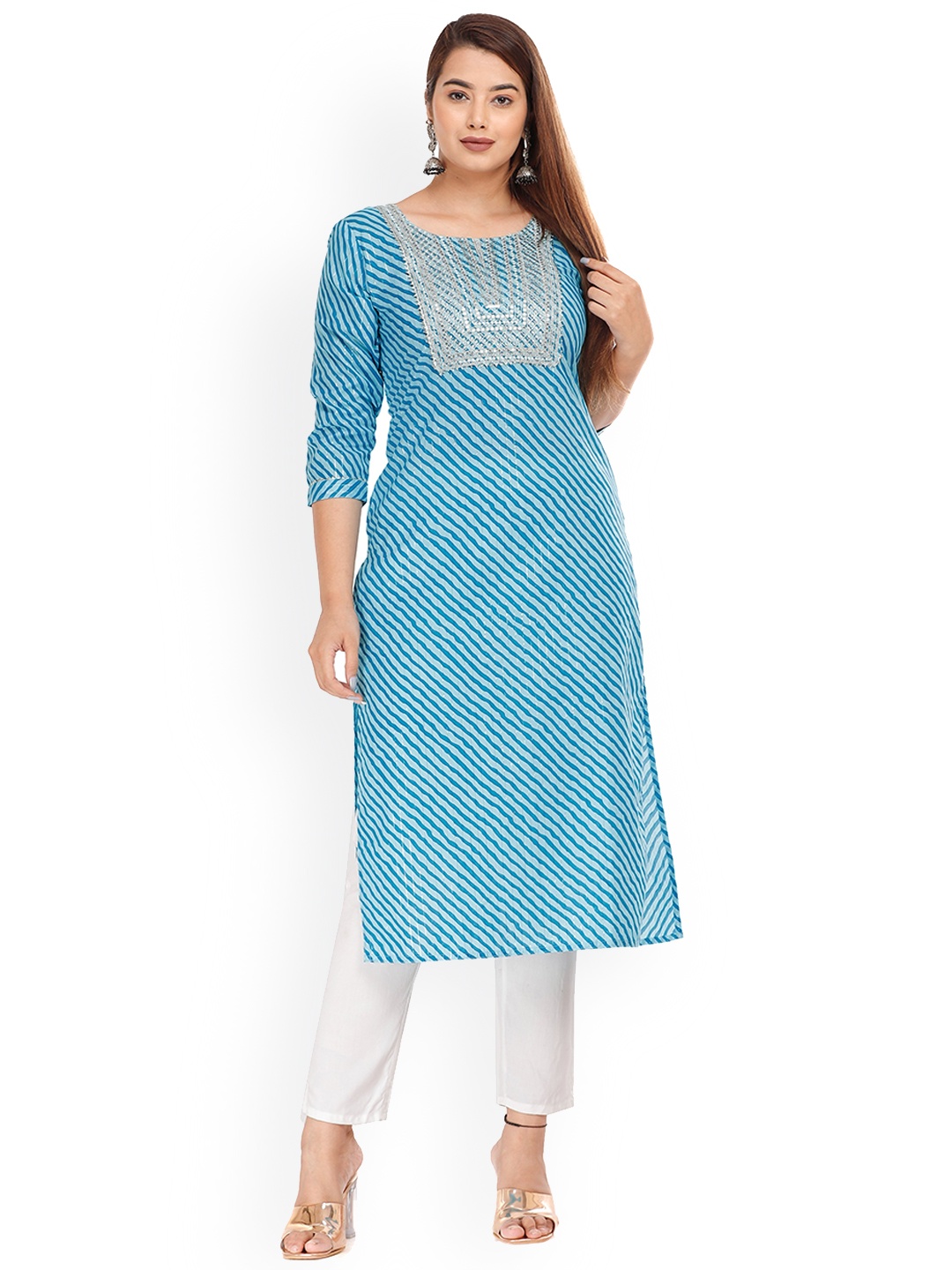 

HIGHLIGHT FASHION EXPORT Women Leheriya Striped Thread Work Kurta, Blue