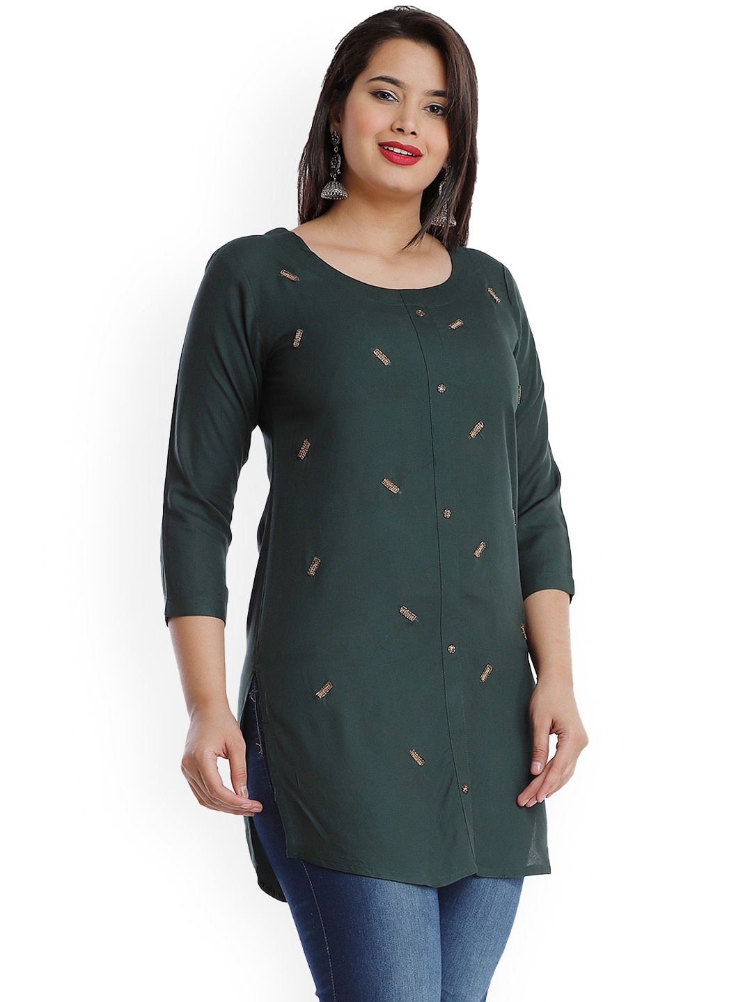 

HIGHLIGHT FASHION EXPORT Ethnic Motifs Embroidered Beads & Stones Straight Kurti, Green