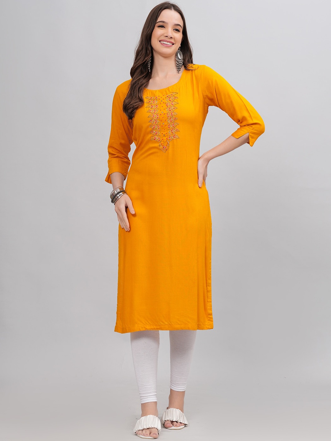 HIGHLIGHT FASHION EXPORT Embellished Beads & Stones Pure Cotton Kurta, Mustard