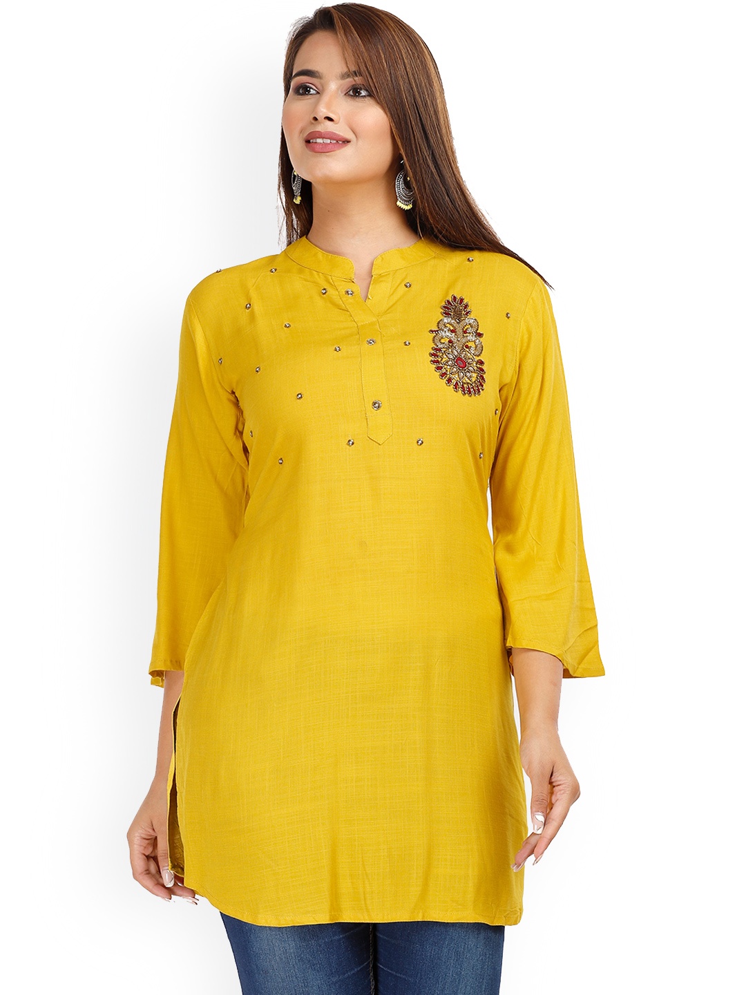 

HIGHLIGHT FASHION EXPORT Ethnic Motifs Embroidered Mandarin Collar Beads & Stones Kurti, Mustard