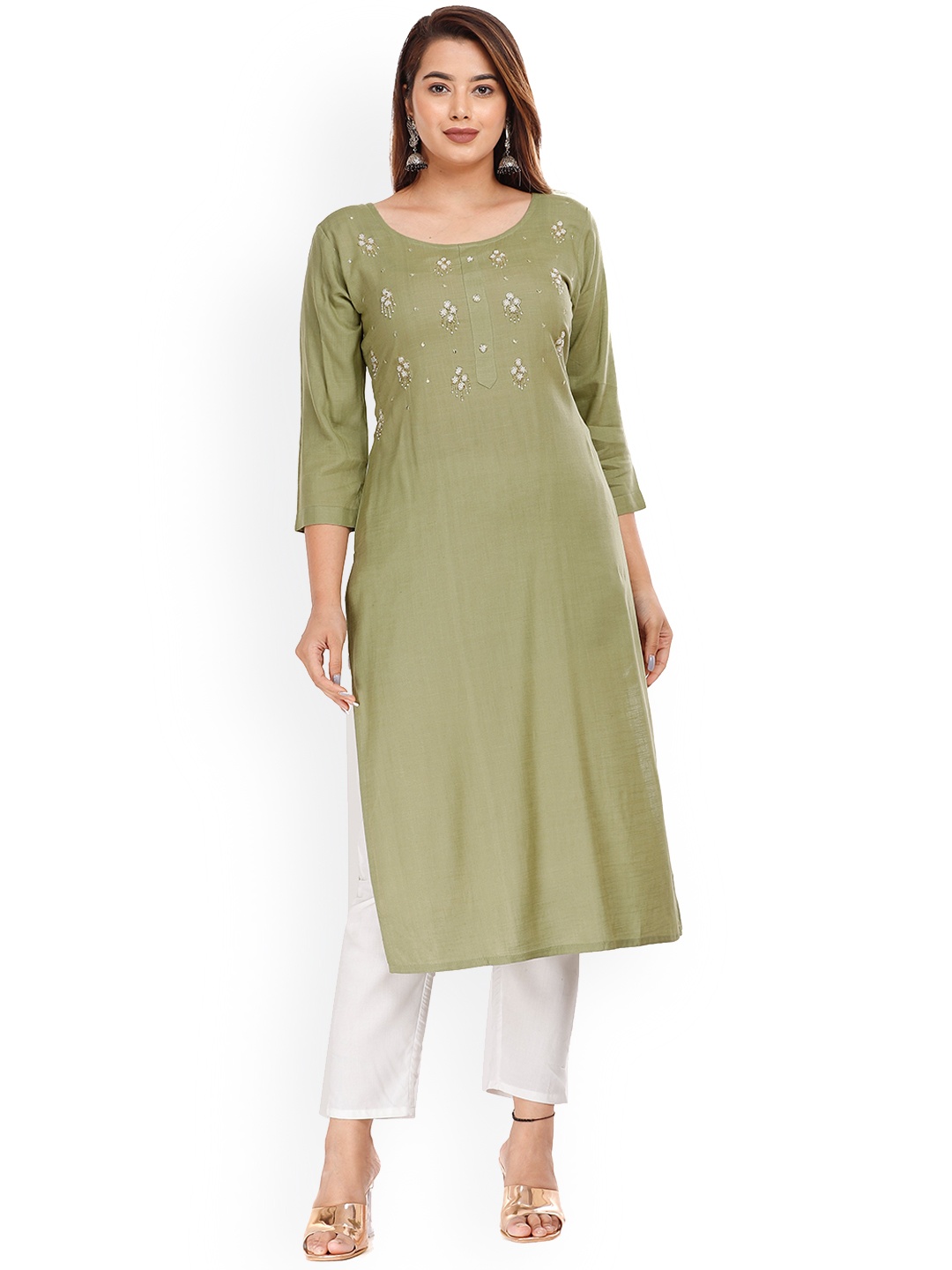 

HIGHLIGHT FASHION EXPORT Women Embroidered Flared Sleeves Thread Work Kurta, Green