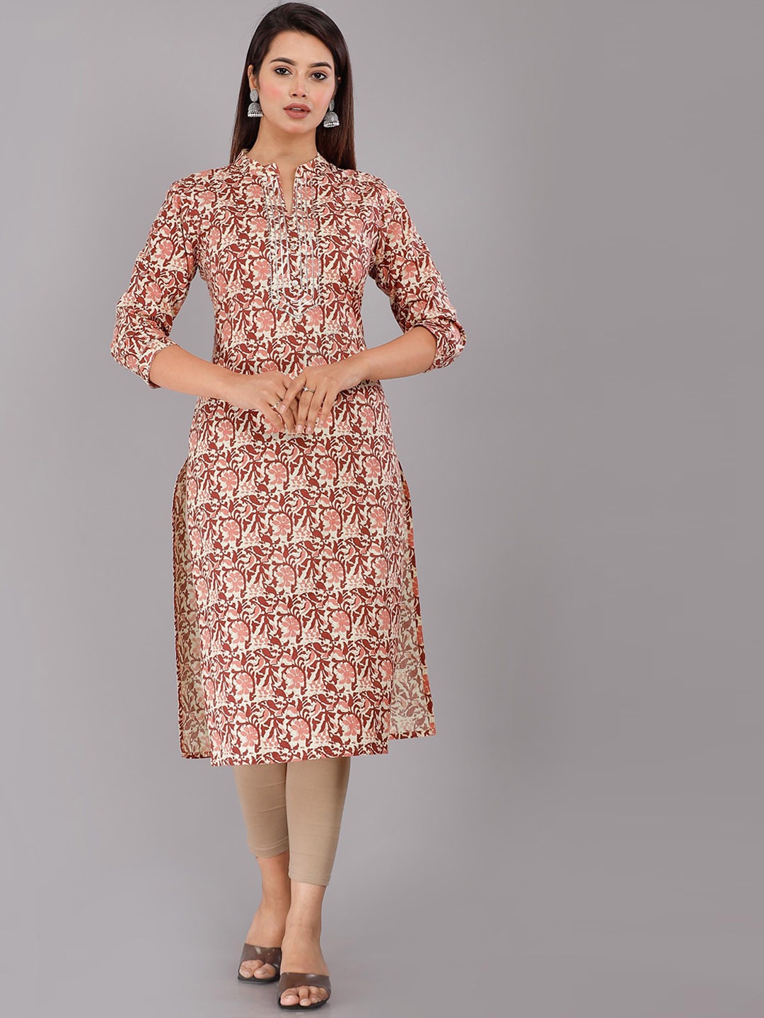 

HIGHLIGHT FASHION EXPORT Ethnic Motifs Printed Mandarin Collar Gotta Patti Cotton Kurta, Brown