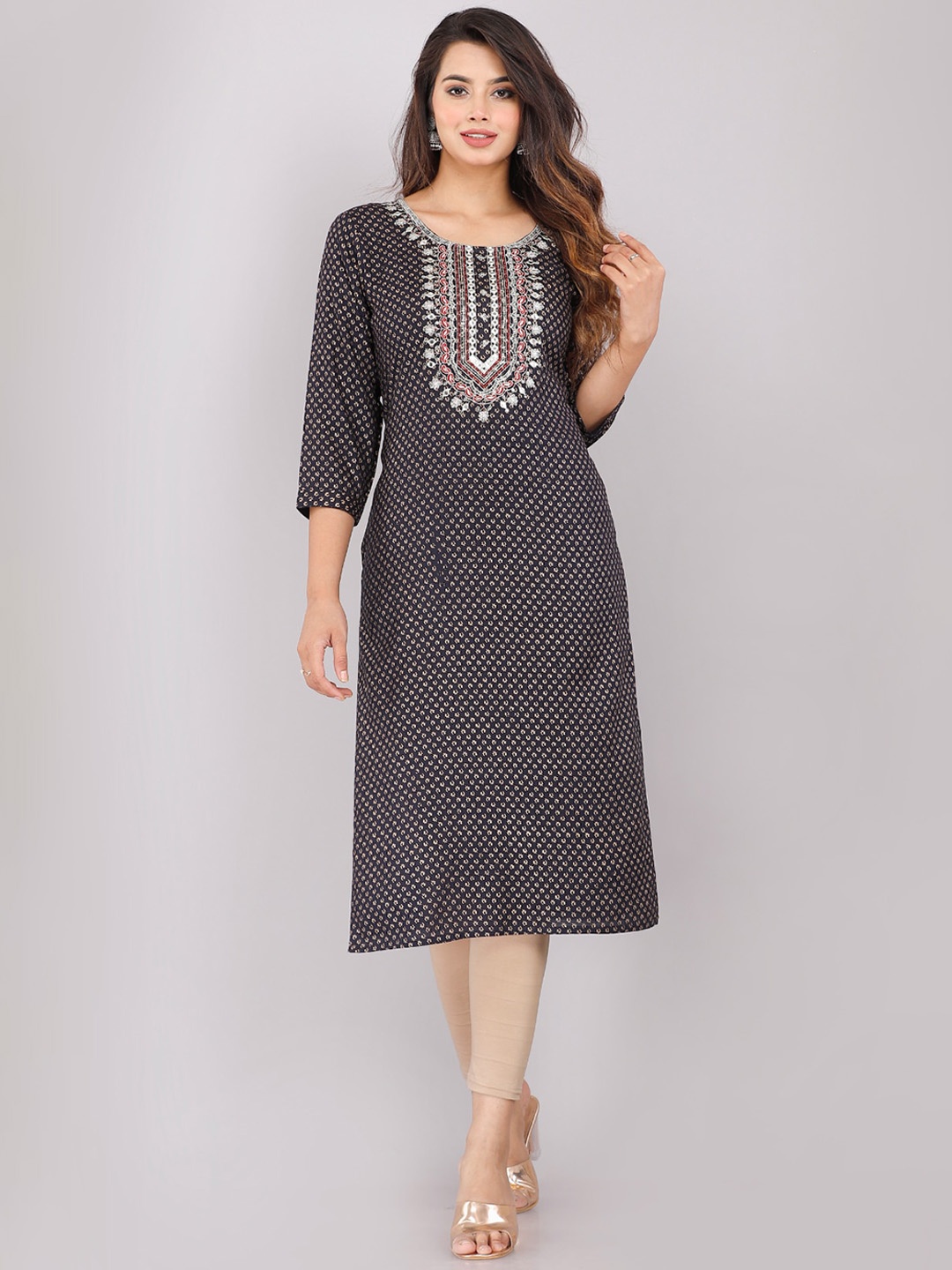 

HIGHLIGHT FASHION EXPORT Ethnic Motifs Printed Mirror Work Cotton Kurta, Navy blue