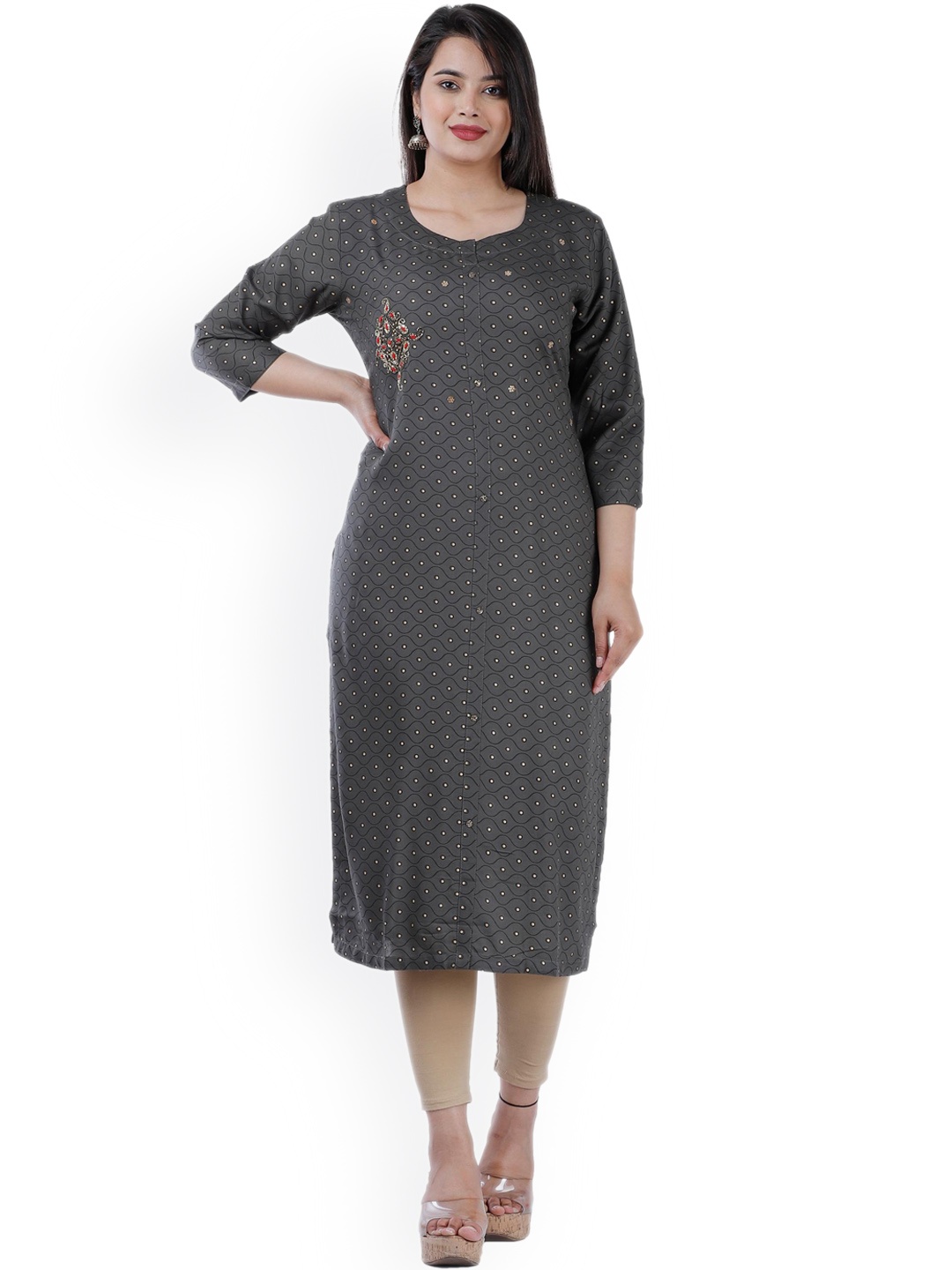 

HIGHLIGHT FASHION EXPORT Abstract Printed Thread Work Straight Kurta, Grey