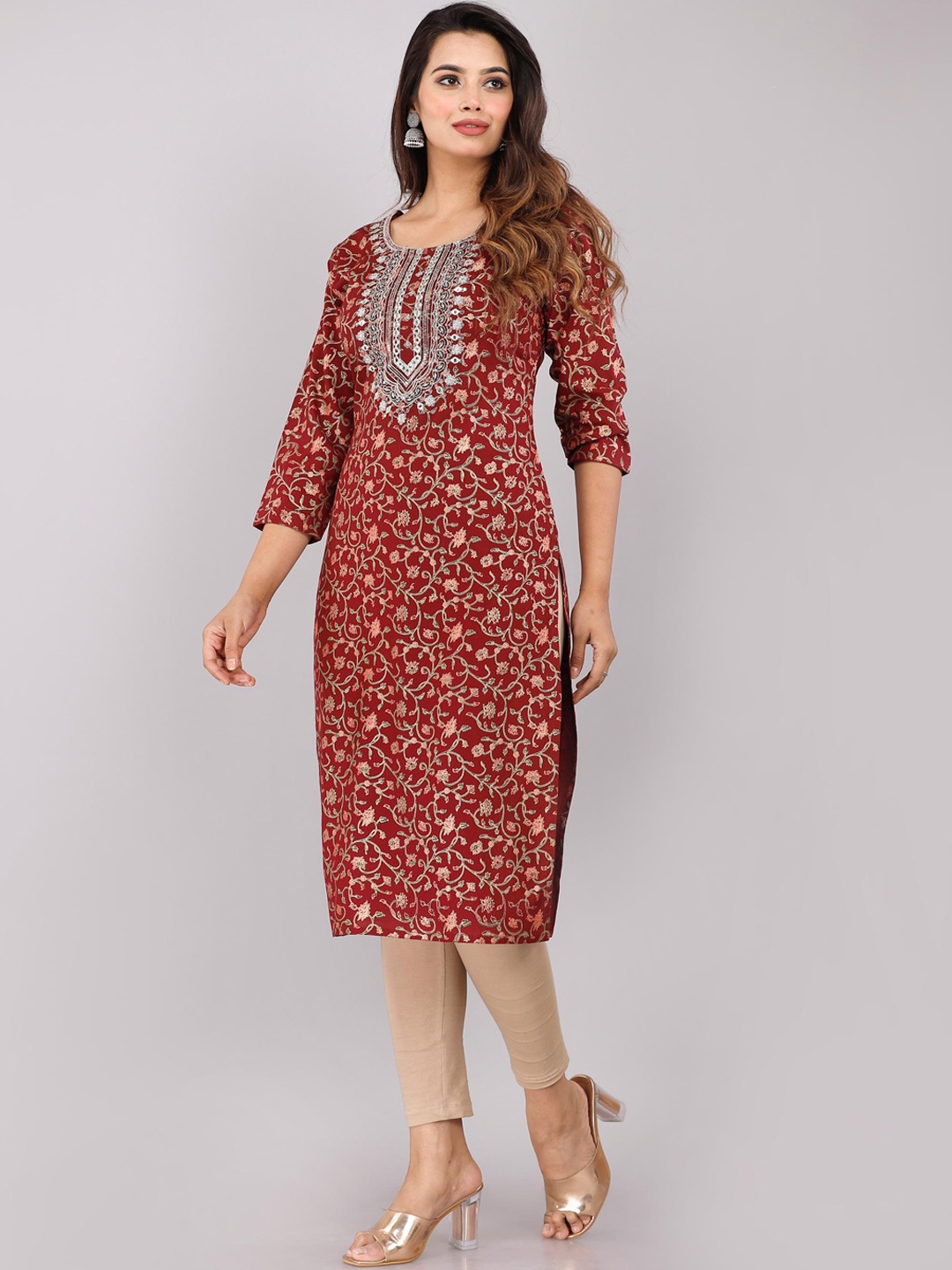 

HIGHLIGHT FASHION EXPORT Floral Printed Thread Work Straight Cotton Kurta, Maroon