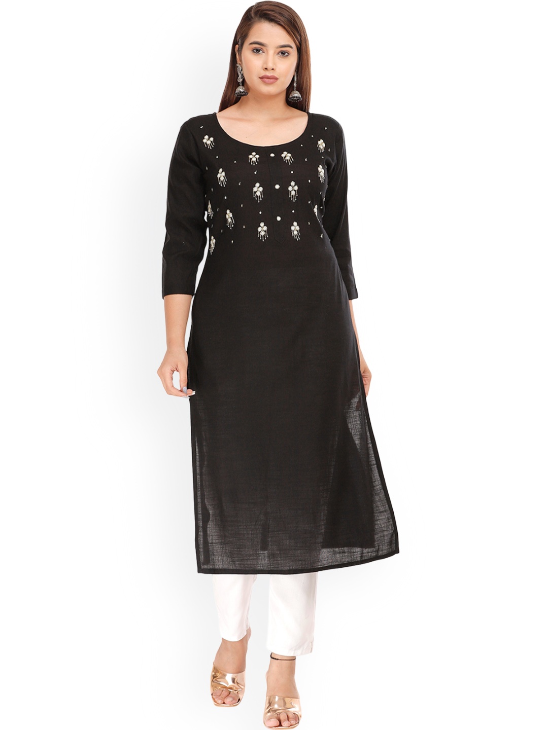 

HIGHLIGHT FASHION EXPORT Women Colourblocked Thread Work Kurta, Black