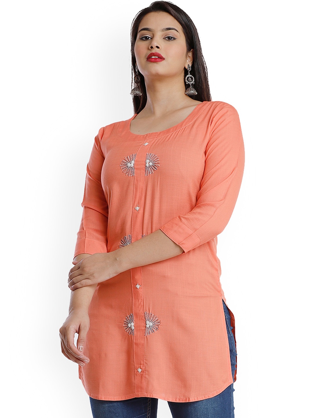 

HIGHLIGHT FASHION EXPORT Ethnic Motifs Embroidered Beads and Stones A-Line Kurta, Peach