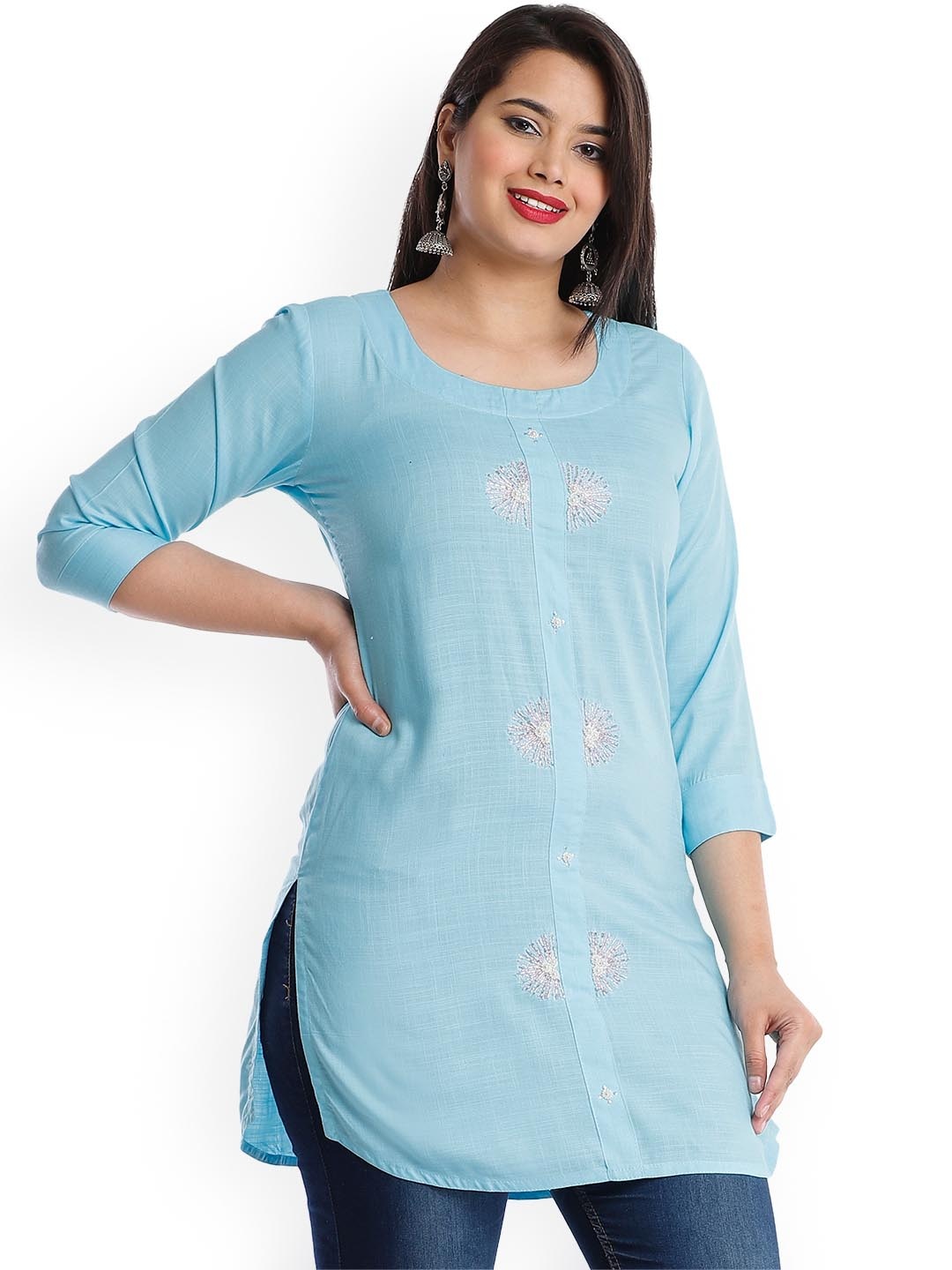 

HIGHLIGHT FASHION EXPORT Ethnic Motifs Embroidered Beads and Stones A-Line Kurta, Blue