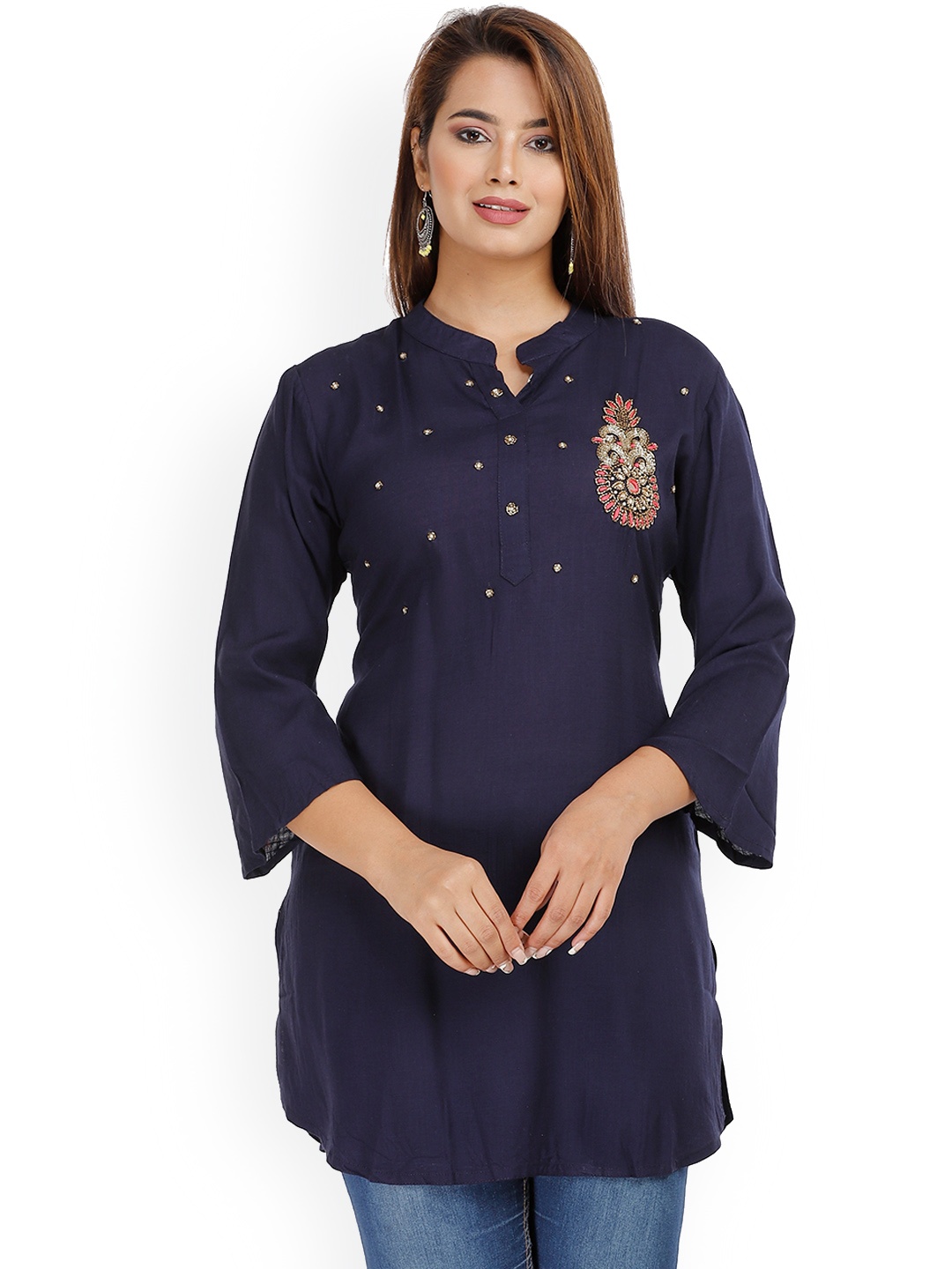 

HIGHLIGHT FASHION EXPORT Embellished Beads and Stones Straight Kurta, Navy blue