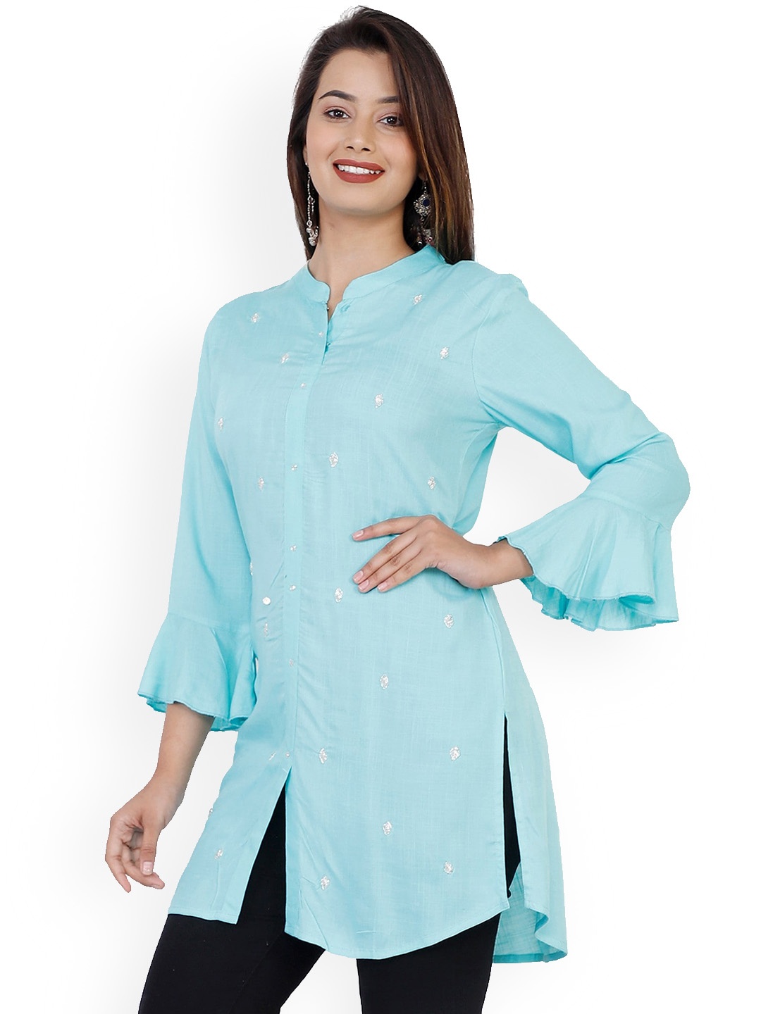 

HIGHLIGHT FASHION EXPORT Women Flared Sleeves Thread Work Kurta, Blue