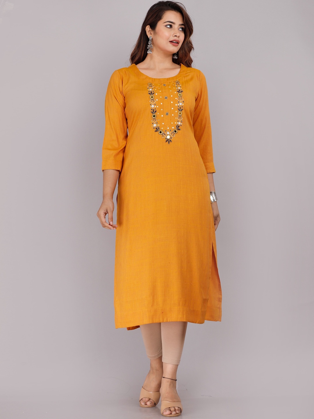 

HIGHLIGHT FASHION EXPORT Floral Embroidered Mirror Work Straight Kurta, Mustard
