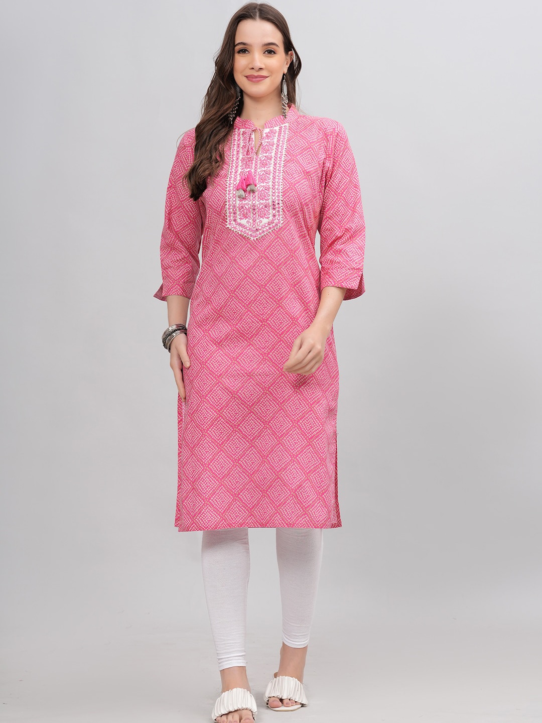 

HIGHLIGHT FASHION EXPORT Geometric Printed Mirror Work Tie-Up Neck Cotton Straight Kurta, Pink