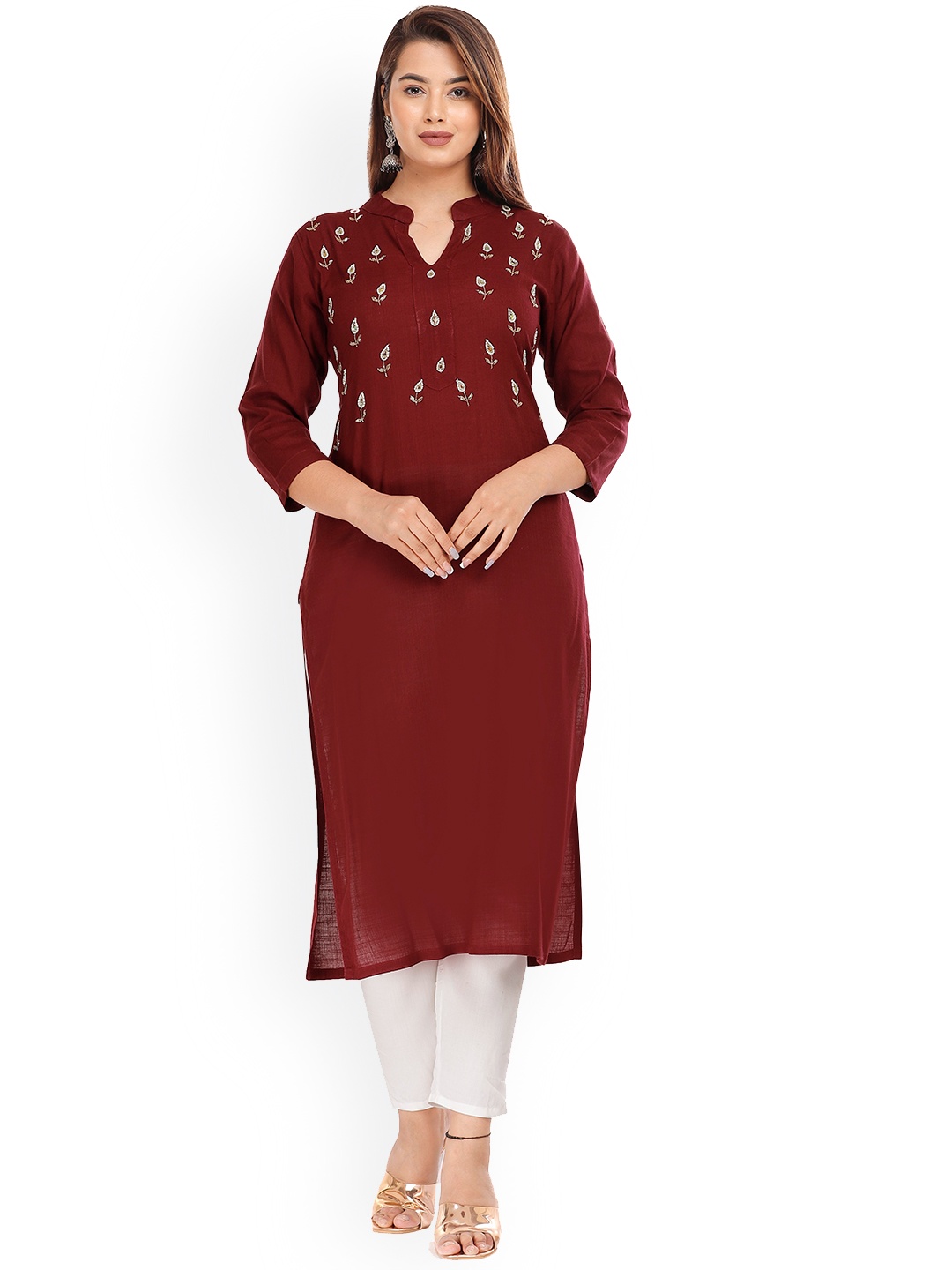 

HIGHLIGHT FASHION EXPORT Floral Beads And Stones Embellished Straight Kurta, Maroon