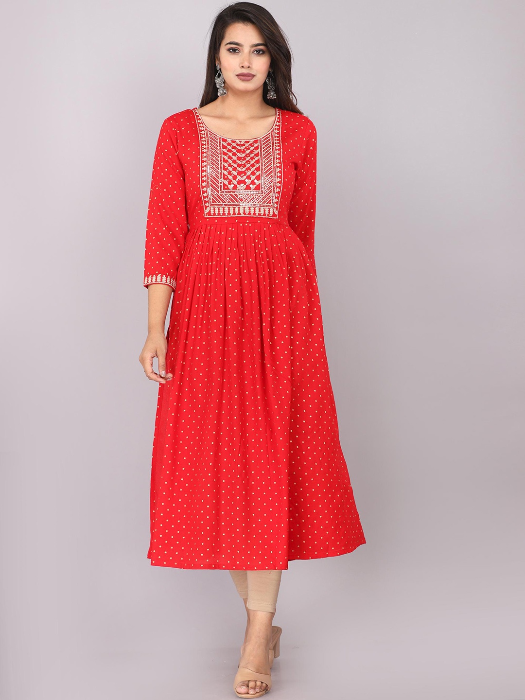 

HIGHLIGHT FASHION EXPORT Sequinned Embellished Round Neck Pleated A-Line Kurta, Red
