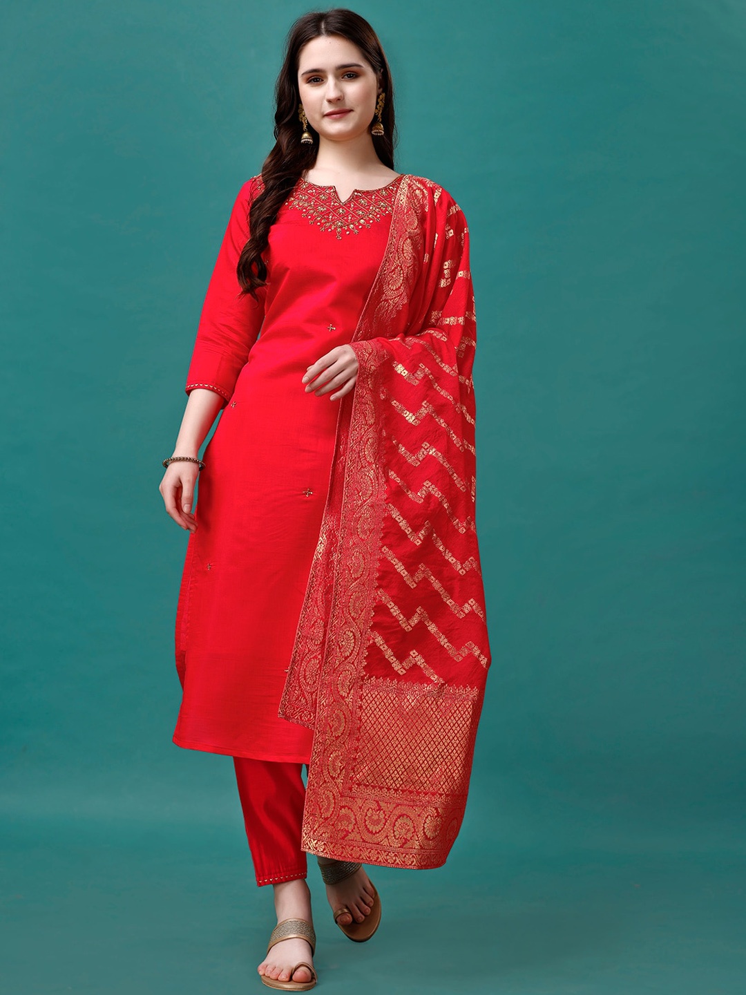 

KALINI Women Floral Embroidered Regular Beads and Stones Chanderi Cotton Kurta with Trousers & With Dupatta, Red