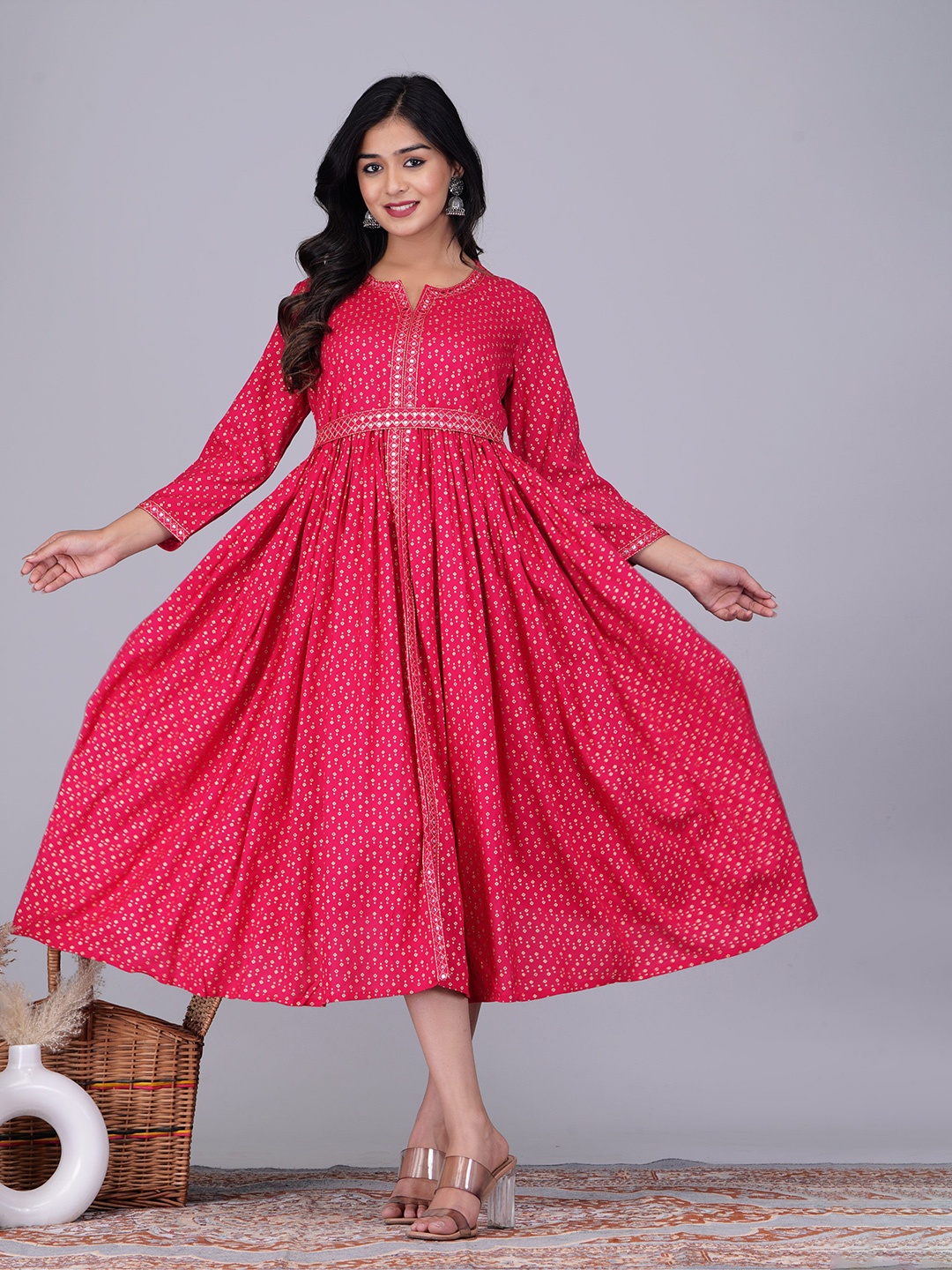 

SIDDHANAM Geometric Printed A-Line Midi Dress, Red