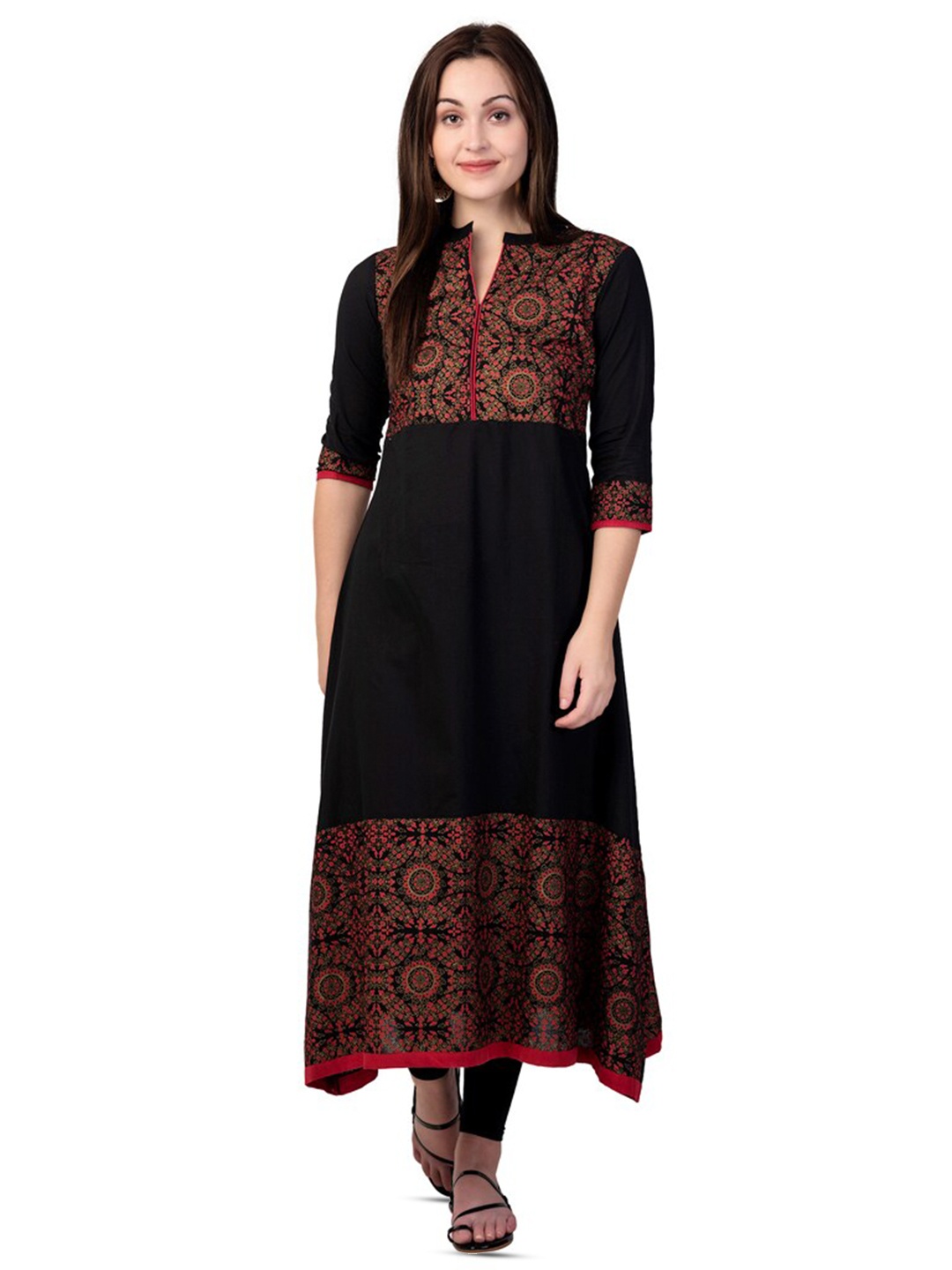 

SIDDHANAM Floral Yoke Design A-Line Cotton Kurta, Black