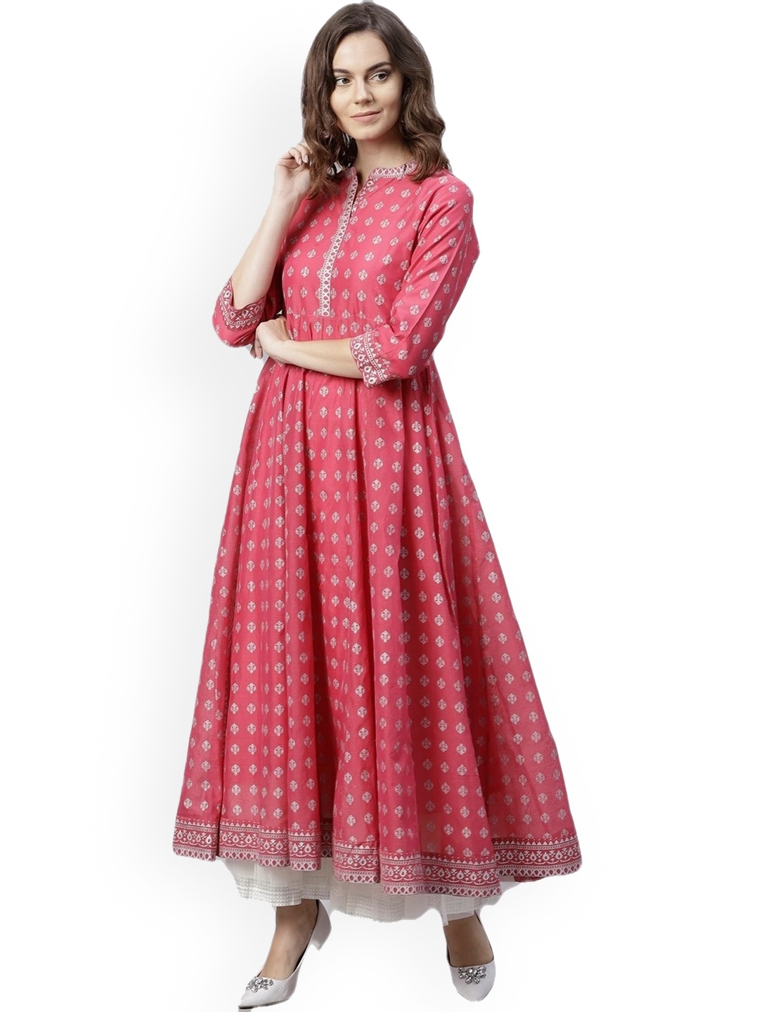 

Amayra Women Women Ethnic Motifs Printed Flared Thread Work Anarkali Kurta, Pink