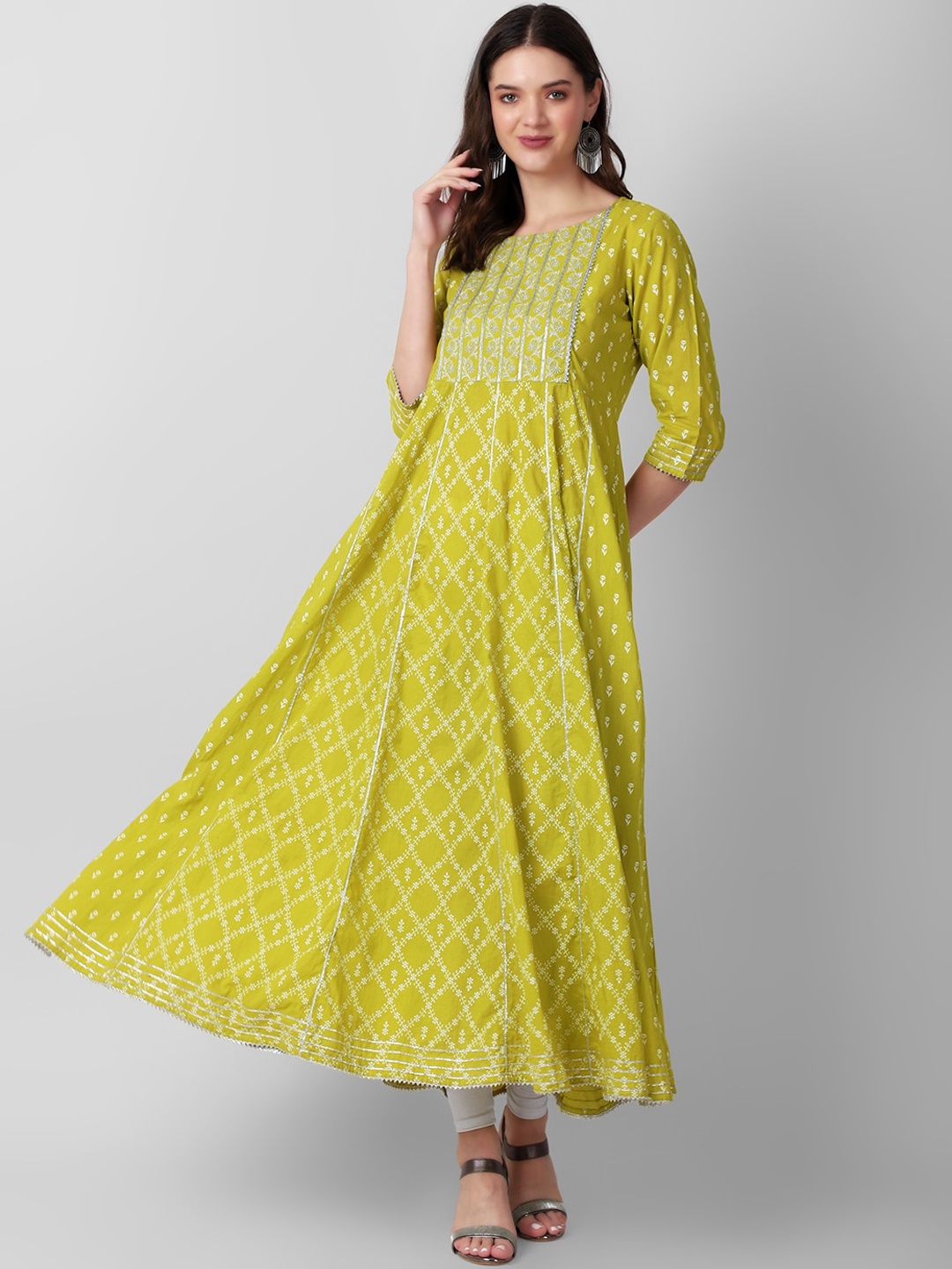 

Amayra Women Ethnic Motifs Printed Flared Mirror Work Empire Anarkali Kurta, Green