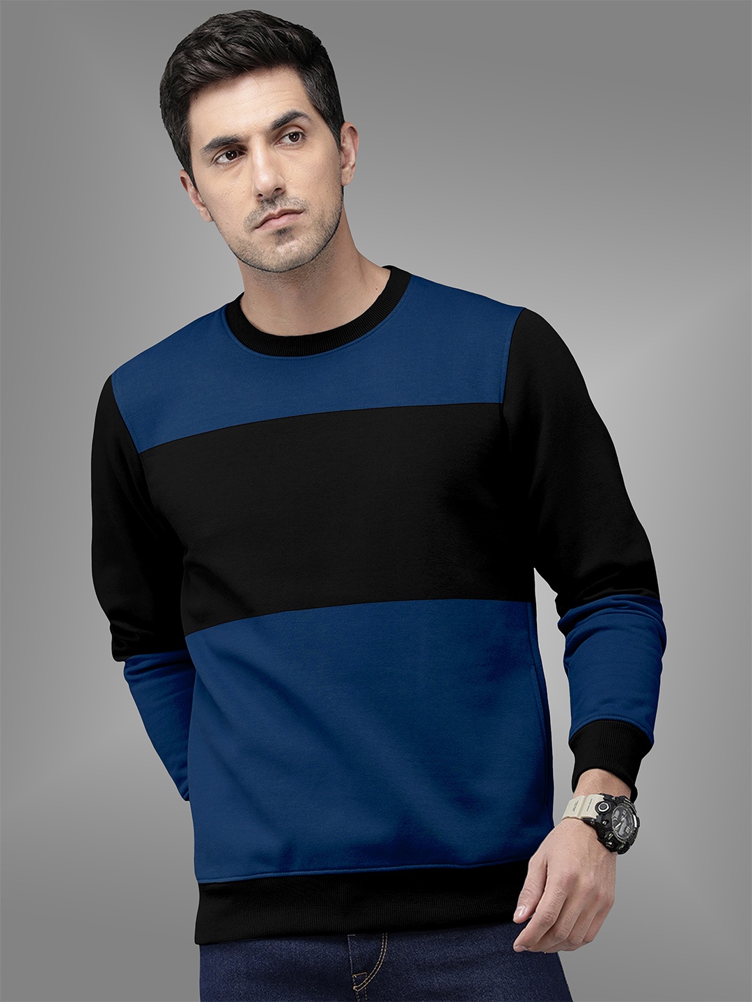 

BAESD Round Neck Long Sleeves Pullover Ribbed Hem Colourblocked Sweatshirt, Blue