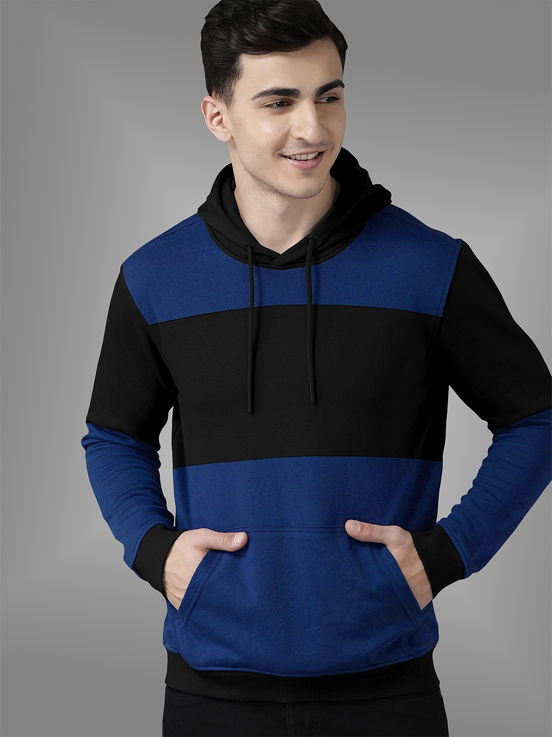 

BAESD Hooded Long Sleeves Kangaroo Pocket Colourblocked Ribbed Hem Pullover Sweatshirt, Blue