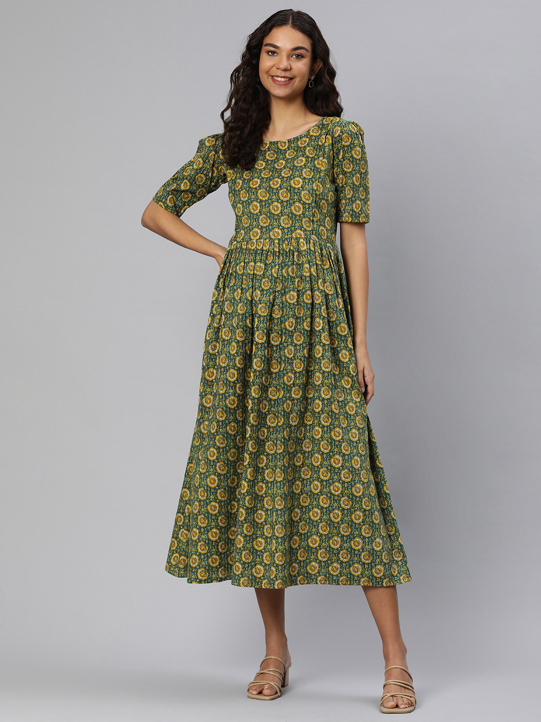 

Swishchick Floral Print Puff Sleeves Kantha Embroidered Maternity Fit & Flare Midi Dress, Green