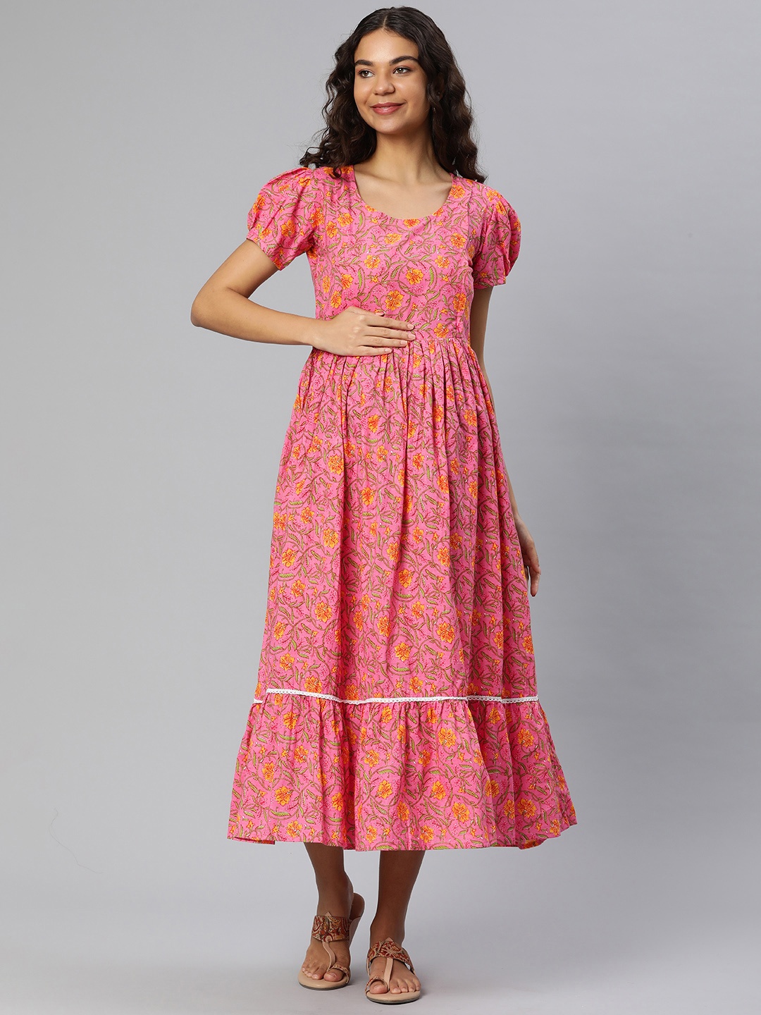 

Swishchick Floral Print Puff Sleeves Maternity Fit & Flare Midi Dress, Pink