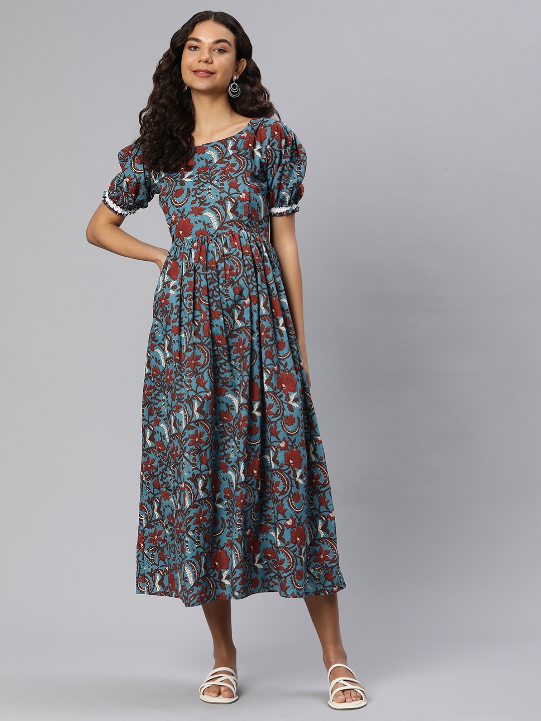 

Swishchick Floral Print Puff Sleeves Maternity Fit & Flare Midi Dress, Blue