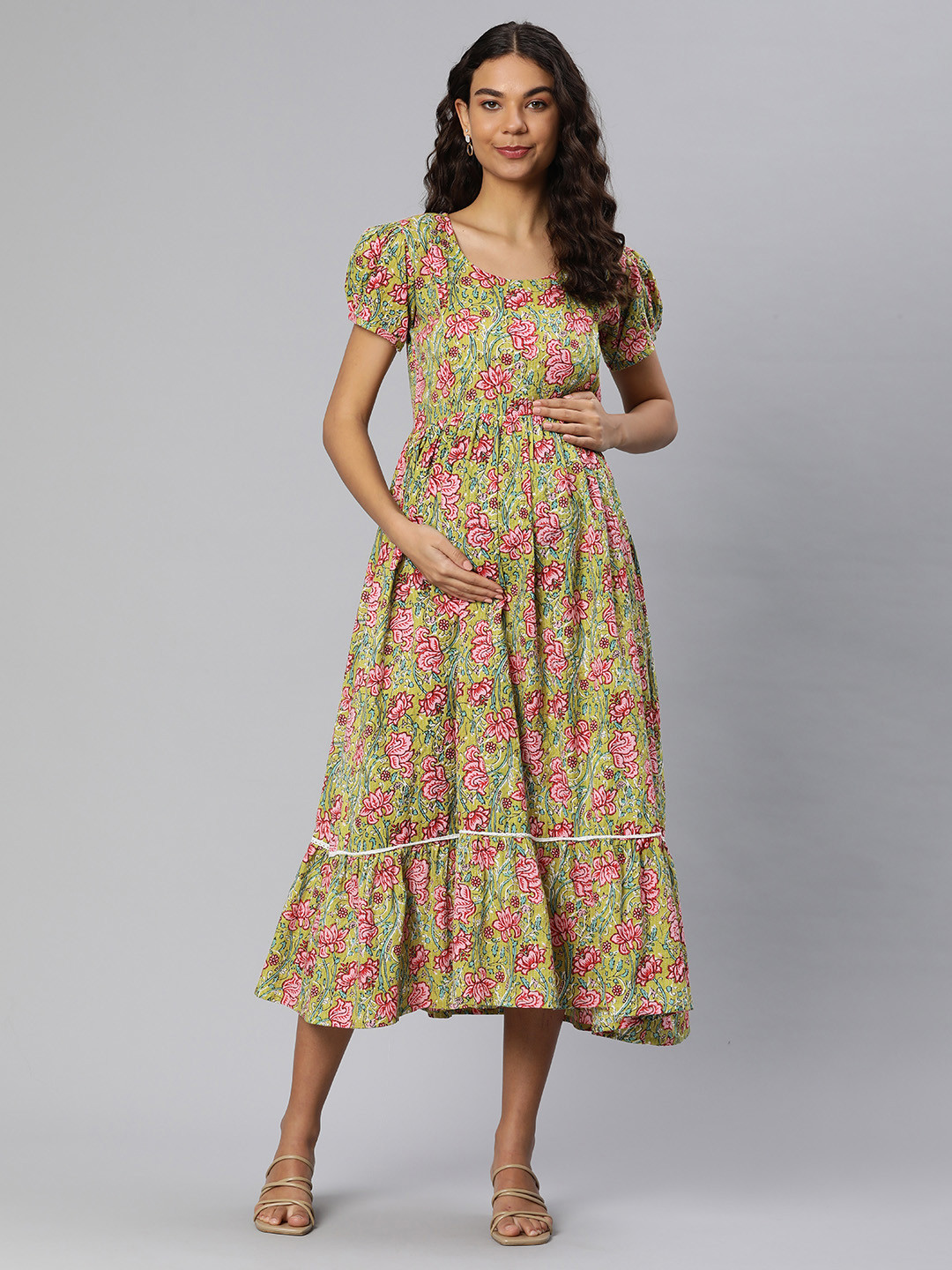 

Swishchick Floral Print Puff Sleeves Kantha Embroidered Maternity Fit & Flare Midi Dress, Green