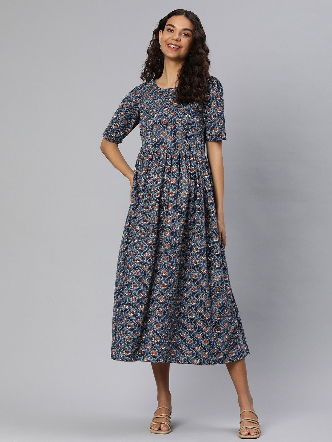 

Swishchick Floral Print Puff Sleeves Kantha Embroidered Maternity Fit & Flare Midi Dress, Navy blue