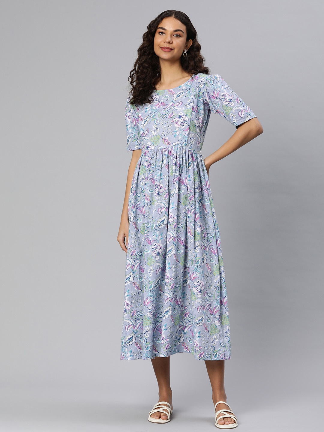 

Swishchick Floral Print Puff Sleeves Maternity Fit & Flare Midi Dress, Grey