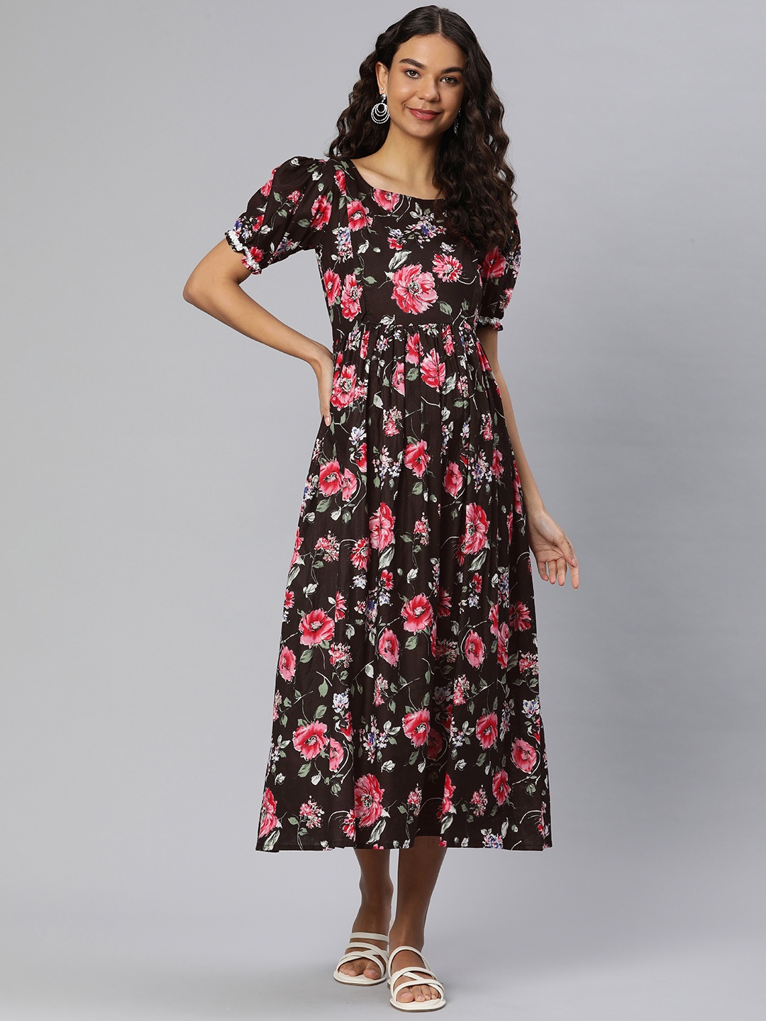 

Swishchick Floral Print Puff Sleeves Maternity Fit & Flare Midi Dress, Black