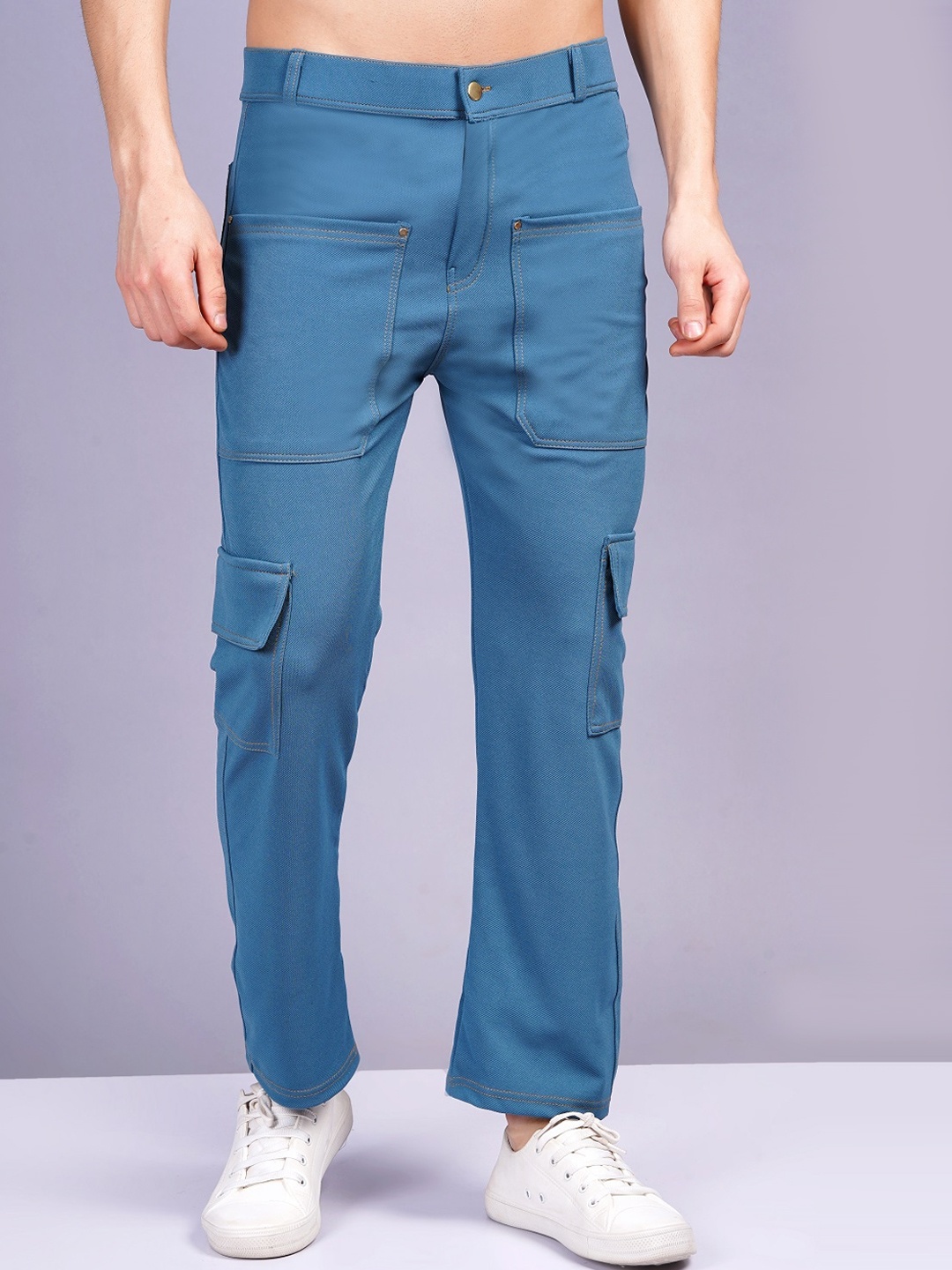 

WE PERFECT Men Relaxed Regular Fit Mid-Rise Cotton Cargos Trouser, Blue