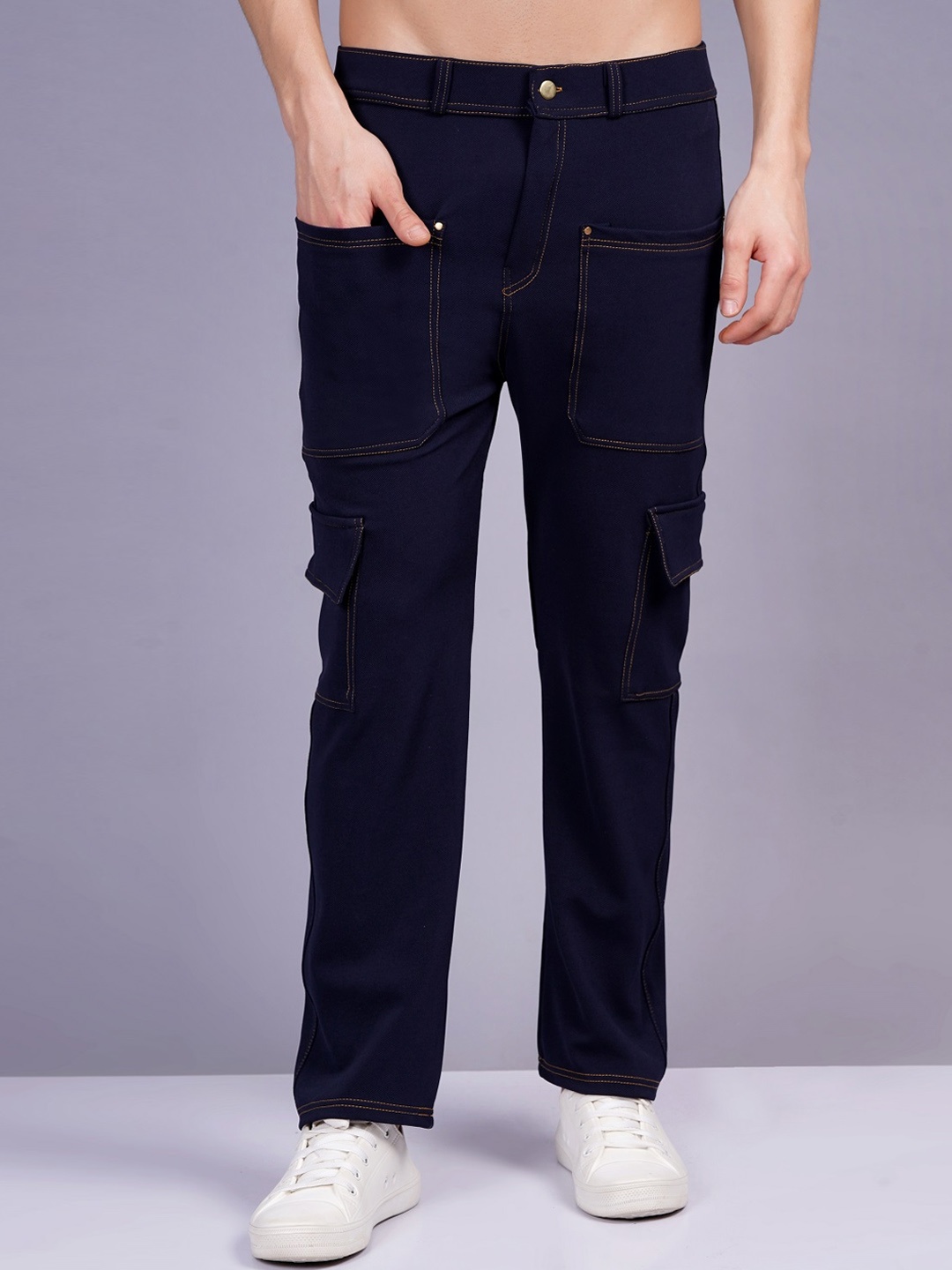 

WE PERFECT Men Relaxed Fit Twill Cargos Trousers, Navy blue