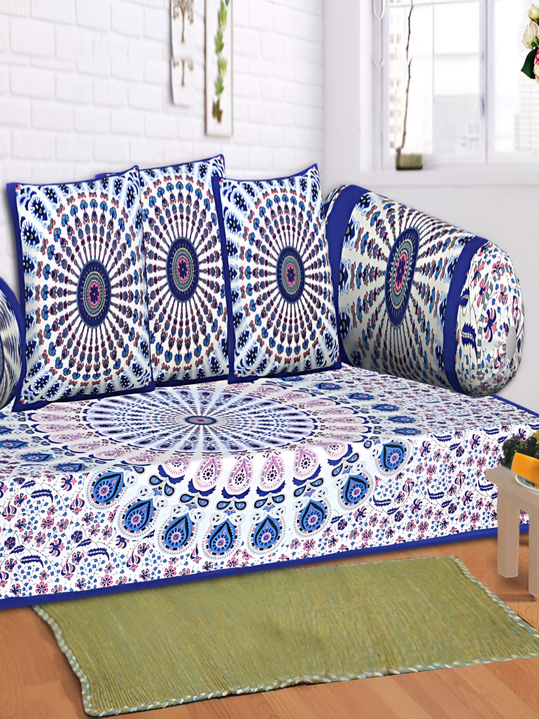 

Texstylers 6-Pcs White & Blue Ethnic Motif Printed Cotton Diwan Set