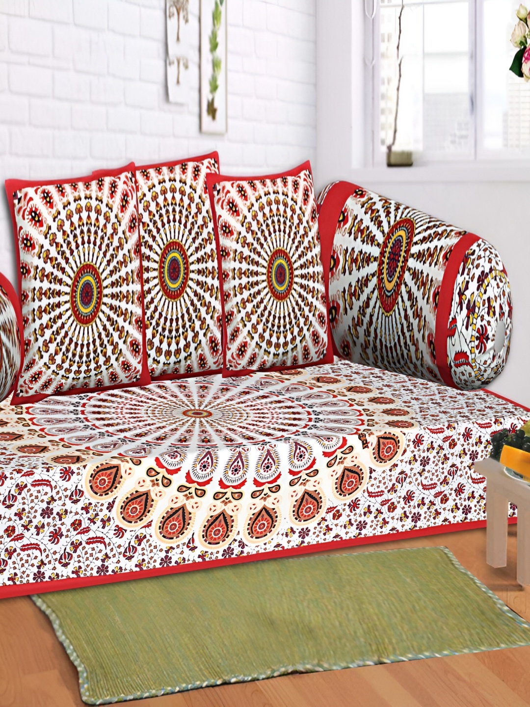 

Texstylers 6-Pcs White & Red Ethnic Motif Printed Cotton Diwan Set