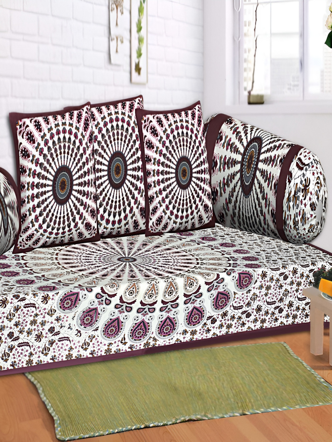 

Texstylers 6-Pcs White & Maroon Ethnic Motif Printed Cotton Diwan Set