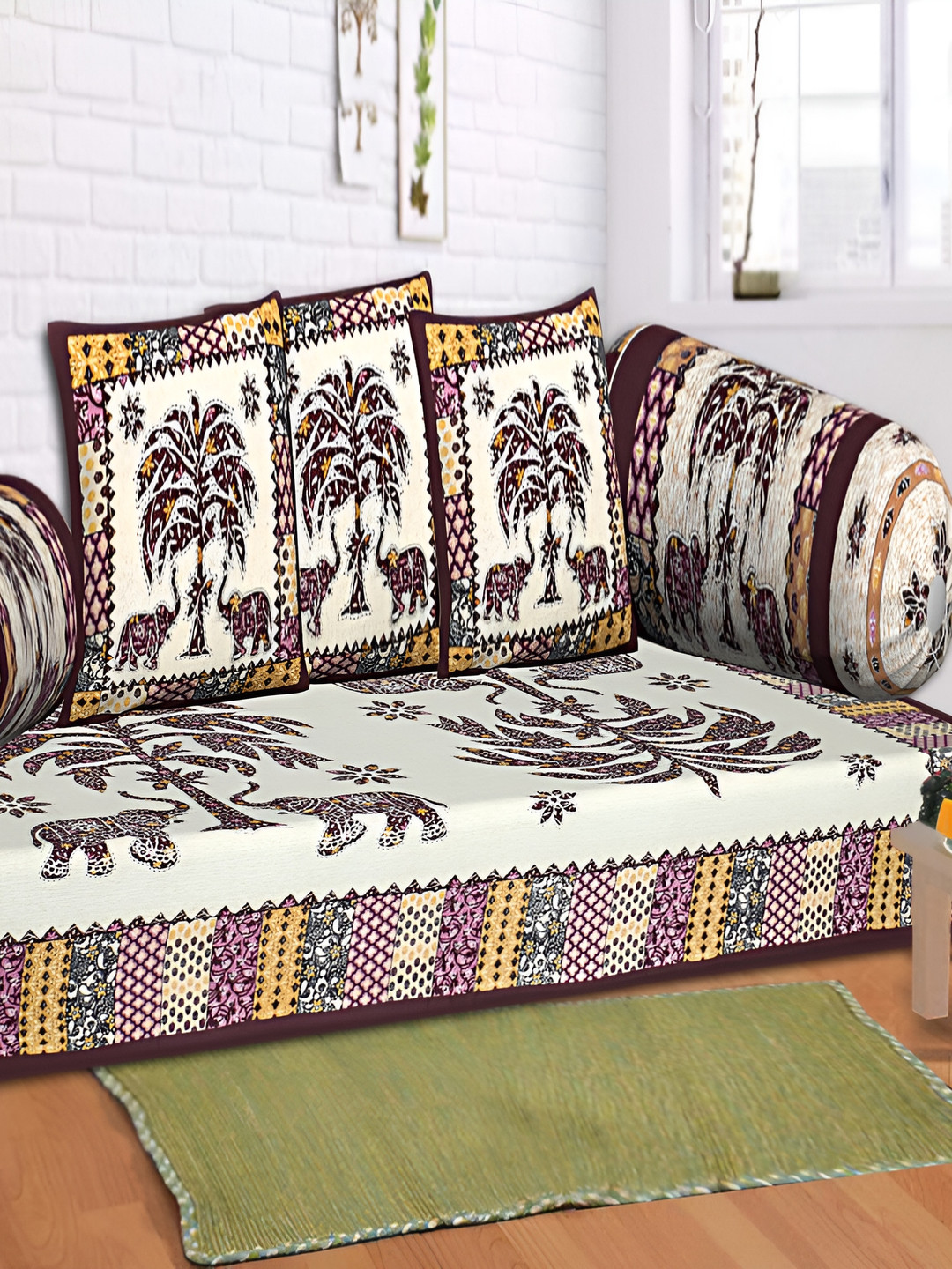 

Texstylers 6-Pcs Maroon & Pink Ethnic Motif Printed Cotton Diwan Set