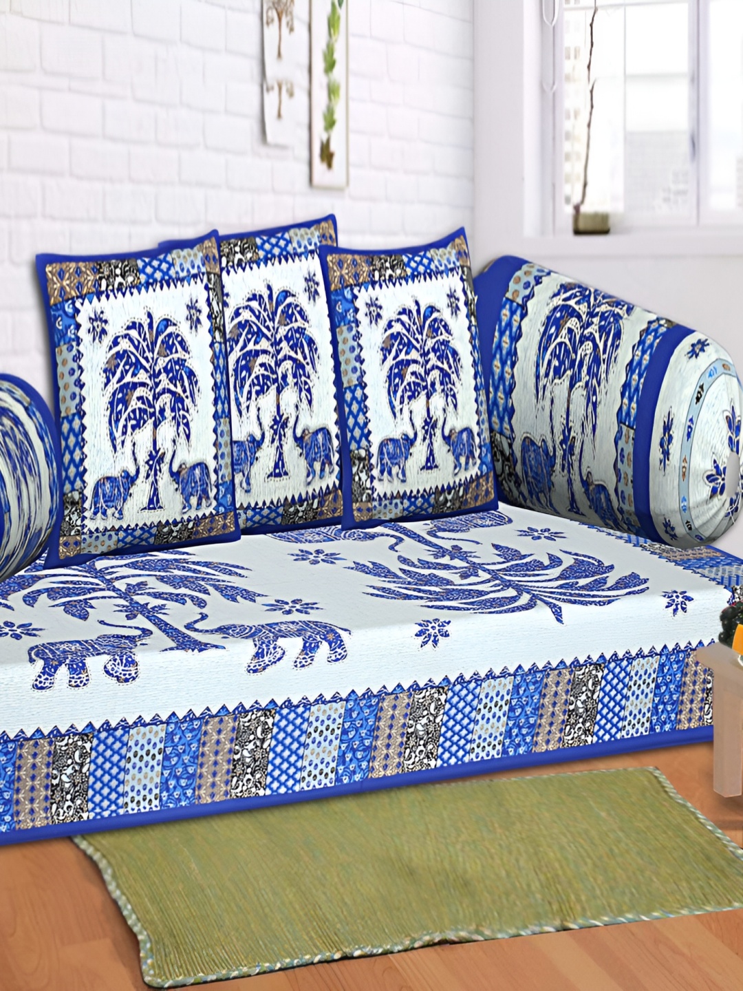 

Texstylers 6-Pcs White & Blue Ethnic Motif Printed Cotton Diwan Set