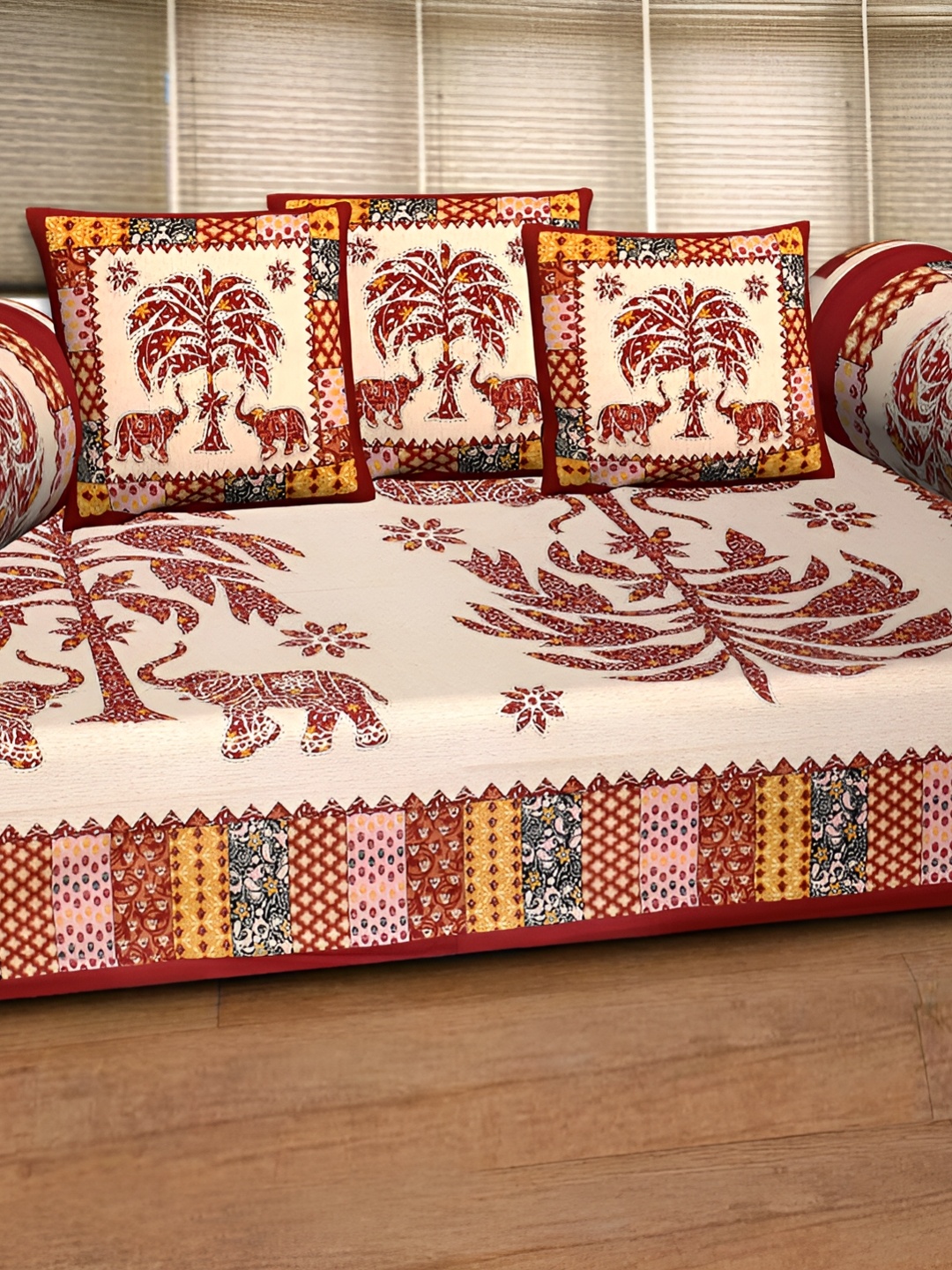 

Texstylers 6-Pcs Red & Beige Ethnic Motif Printed Cotton Diwan Set