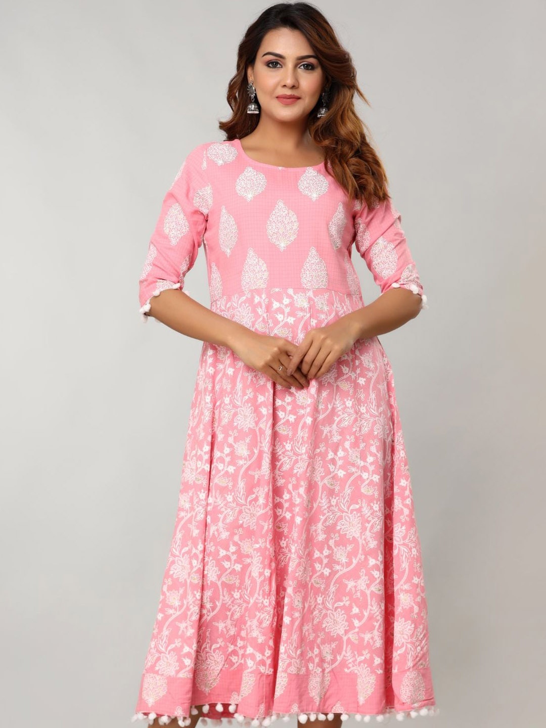 

Amayra Women Floral Printed Flared Sleeves Thread Work Flared Anarkali Kurta, Pink