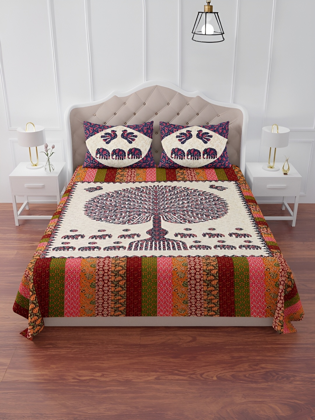 

The Craft Monk Blue & Red Printed Cotton 240 TC King Bedsheet With 2 Pillow Covers