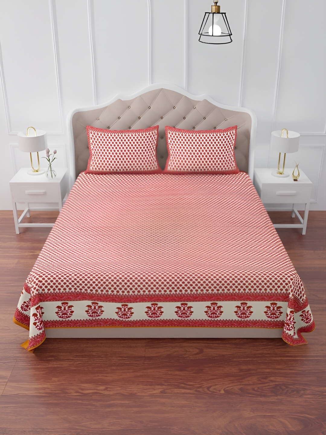 

The Craft Monk Pink & White Printed Cotton 240 TC King Bedsheet With 2 Pillow Covers