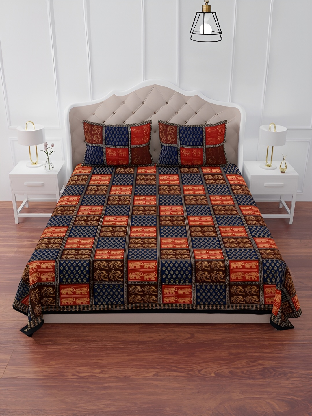 

The Craft Monk Blue & Brown Printed Cotton 240 TC King Bedsheet With 2 Pillow Covers