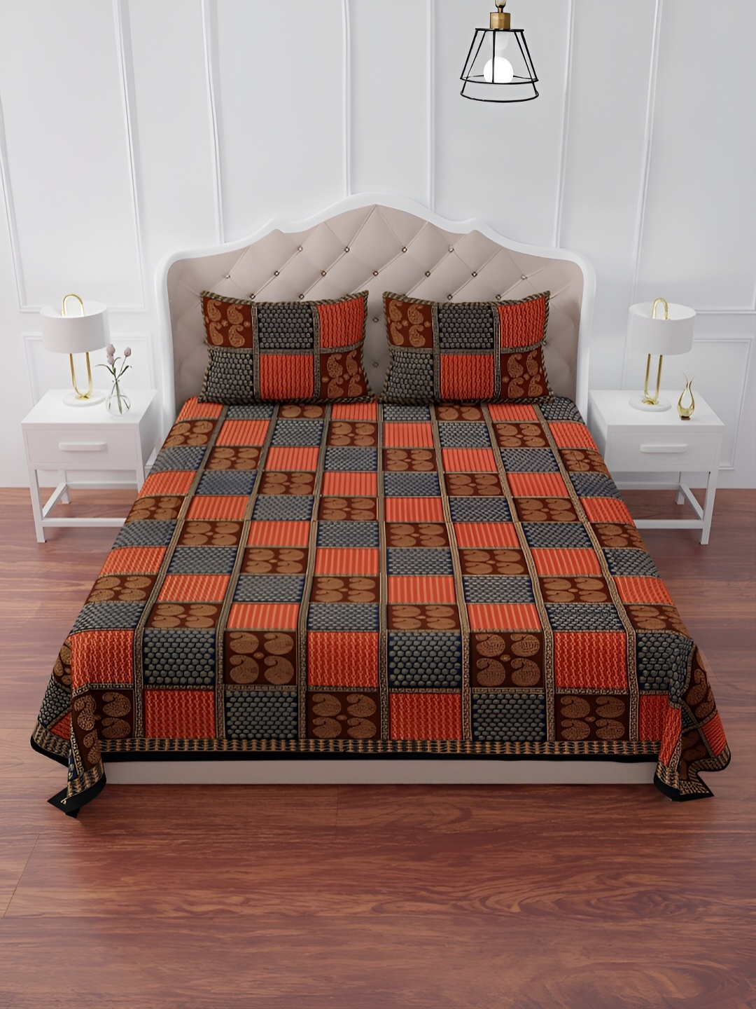 

The Craft Monk Blue & Brown Printed Cotton 240 TC King Bedsheet With 2 Pillow Covers