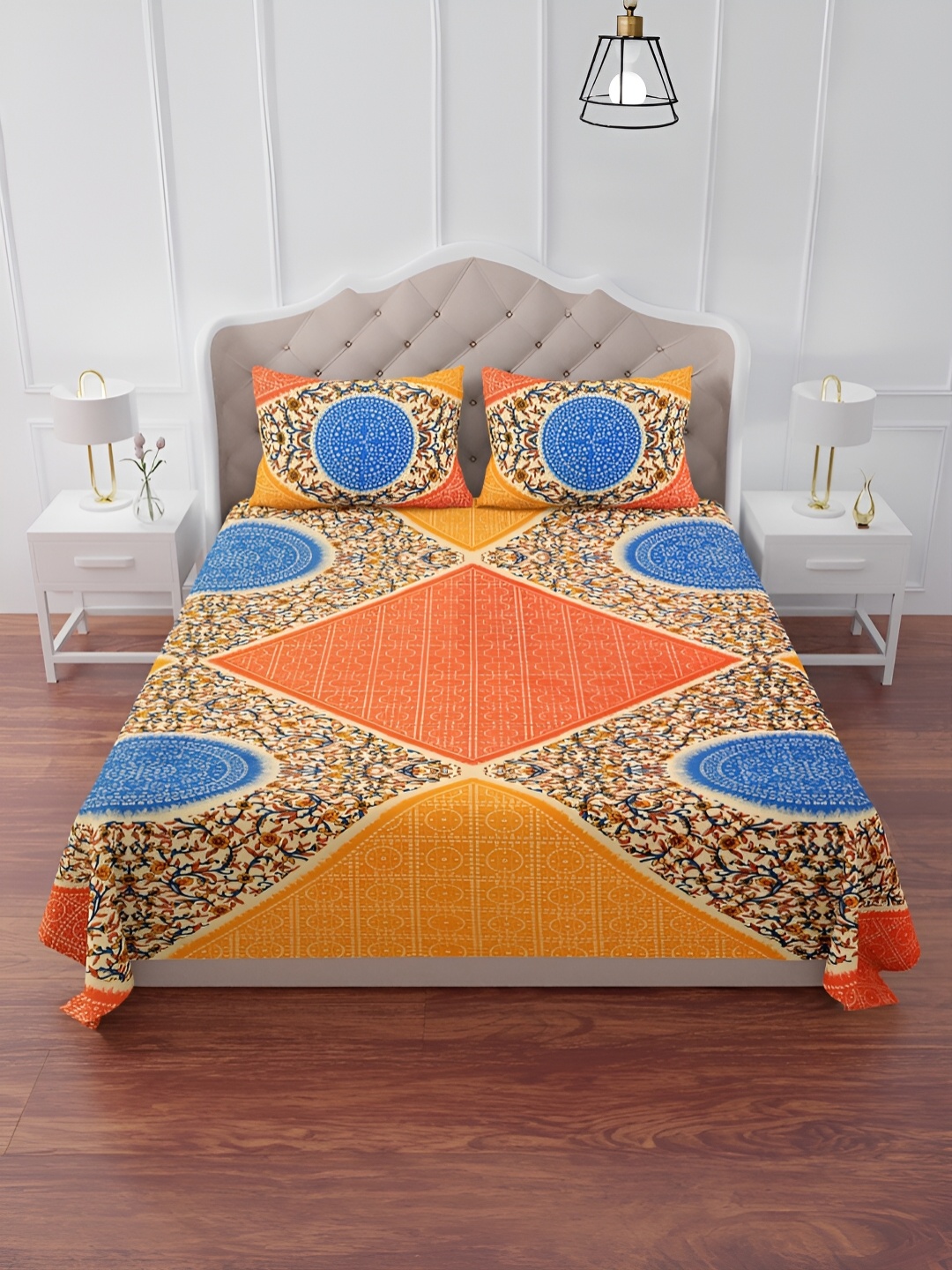 

The Craft Monk Yellow & Blue Printed Cotton 240 TC King Bedsheet With 2 Pillow Covers