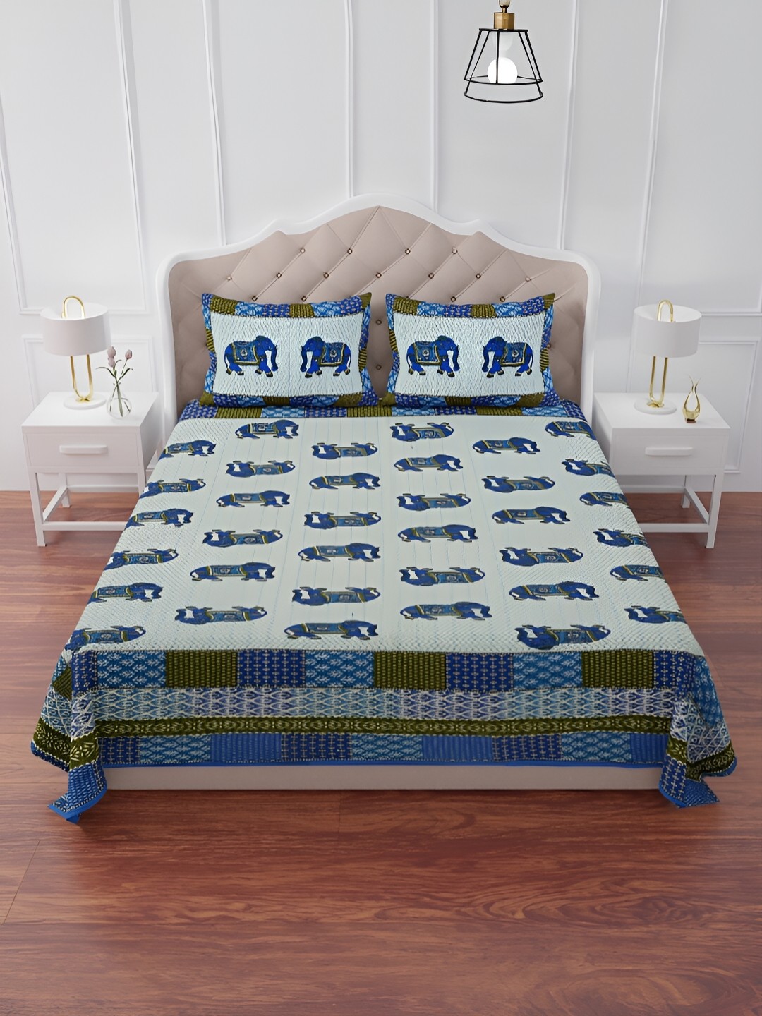 

The Craft Monk Blue & Green Printed Cotton 240 TC King Bedsheet With 2 Pillow Covers