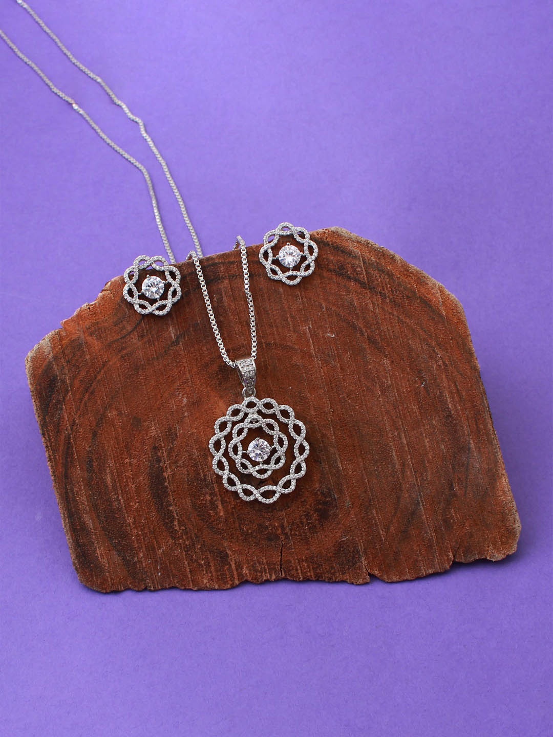 

Mirana Rhodium-Plated CZ-Studded Pendant With Earrings, Silver